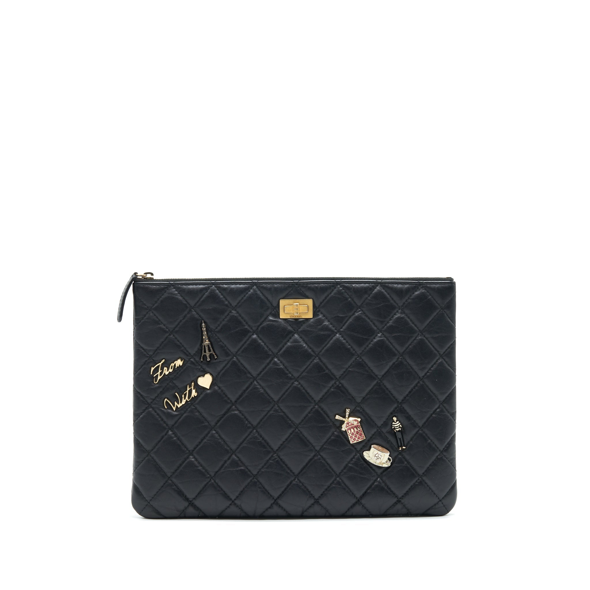 CHANEL 2.55 LEATHER CLUTCH WITH CHARM BLACK GHW