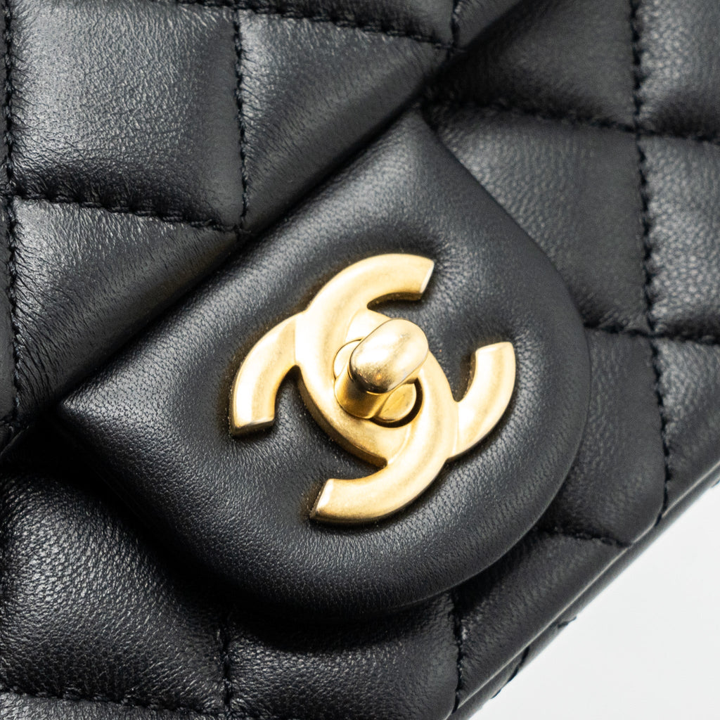 CHANEL 23S CAMELLIA ADJUSTABLE CHAIN MINI RECTANGULAR FLAP BAG LAMBSKIN BLACK GHW (MICROCHIP)