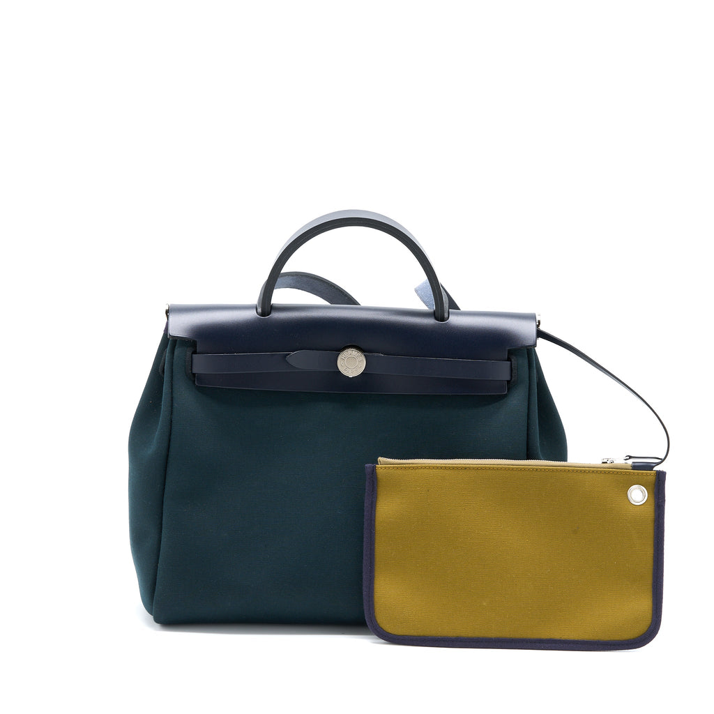 HERMES HERBAG 31 ZIP BAG CANVAS/ HUNTER LEATHER VERT CYPRES-VT OLIVE/ BLUE INDIGO SHW