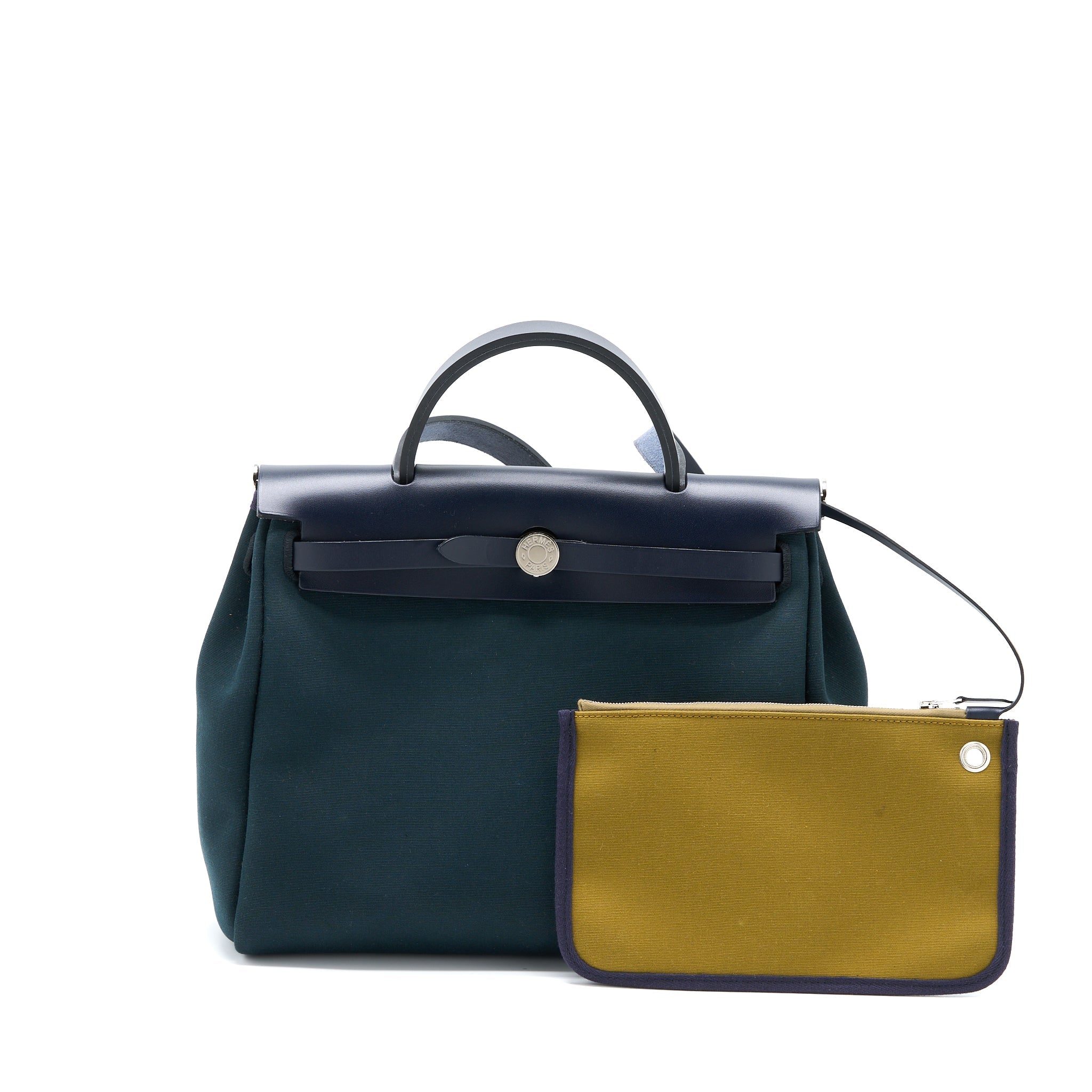 HERMES HERBAG 31 ZIP BAG CANVAS/ HUNTER LEATHER VERT CYPRES-VT OLIVE/ BLUE INDIGO SHW