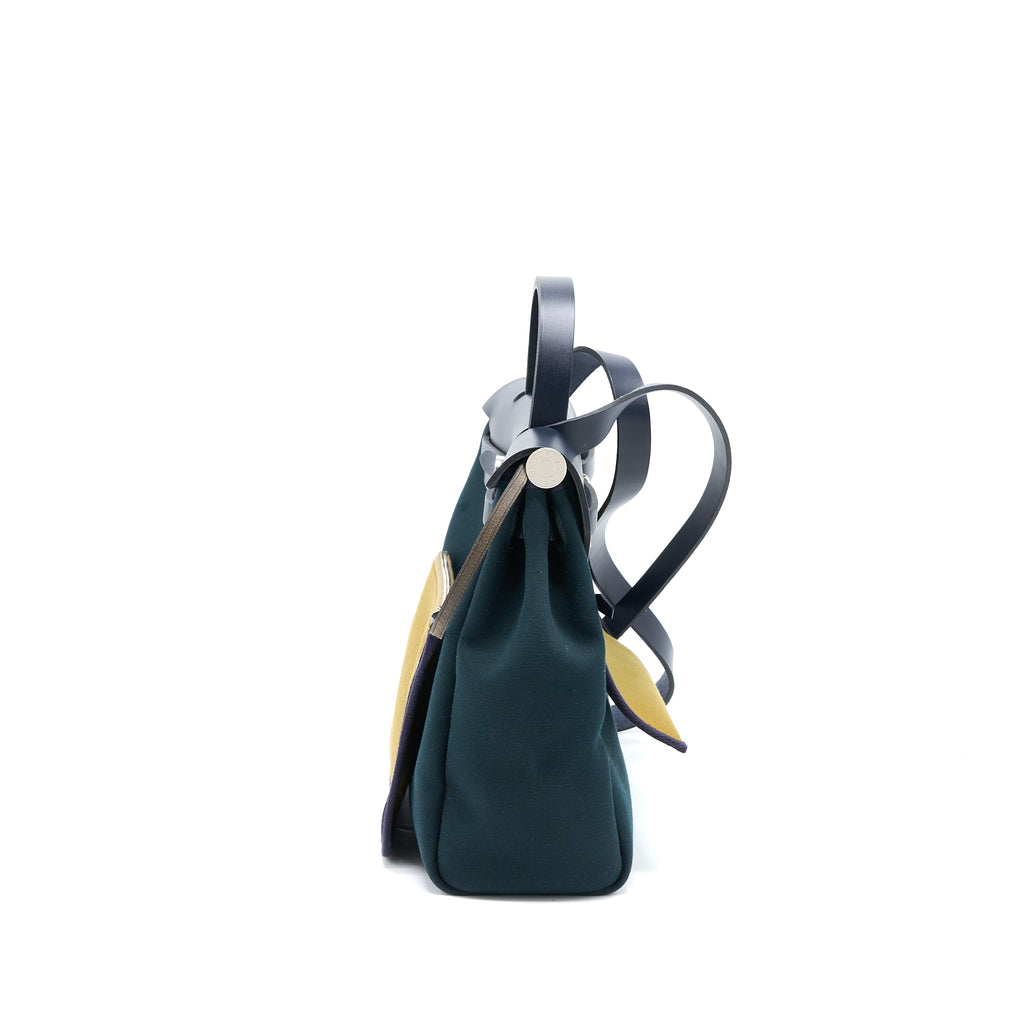 HERMES HERBAG 31 ZIP BAG CANVAS/ HUNTER LEATHER VERT CYPRES-VT OLIVE/ BLUE INDIGO SHW