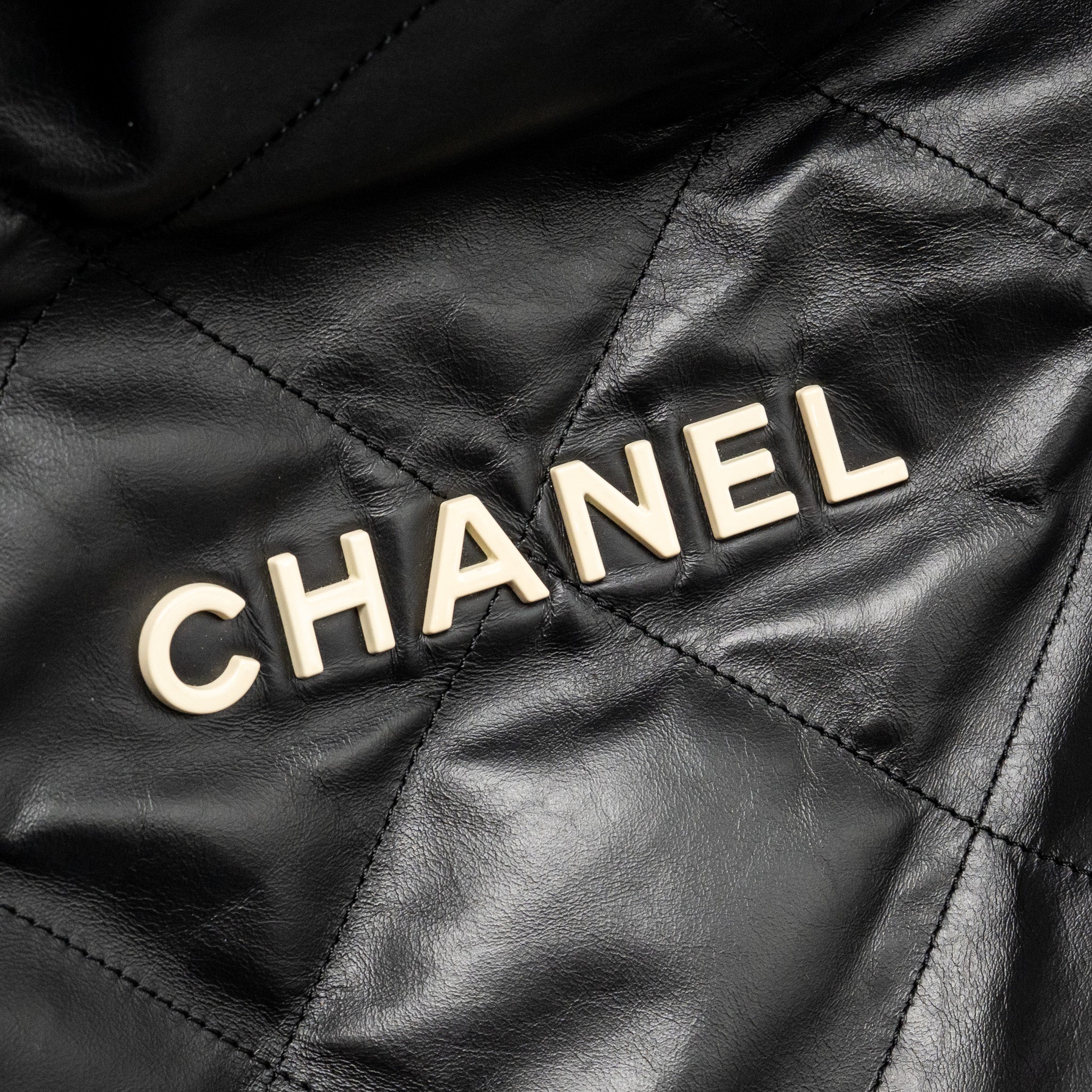 CHANEL SMALL 22 BAG WITH WHITE LETTER LOGO CALFSKIN BLACK GHW (MICROCHIP)