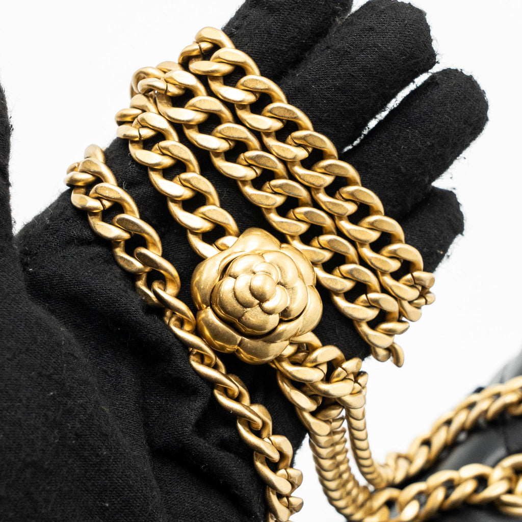 CHANEL 23S CAMELLIA ADJUSTABLE CHAIN MINI RECTANGULAR FLAP BAG LAMBSKIN BLACK GHW (MICROCHIP)
