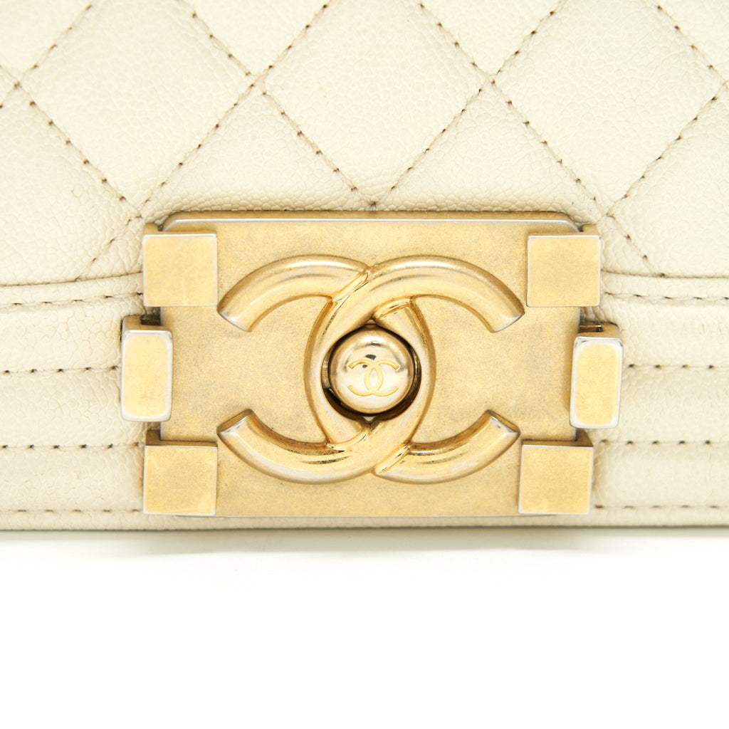 CHANEL SMALL BOY BAG CAVIAR LEATHER GHW IN WHITE
