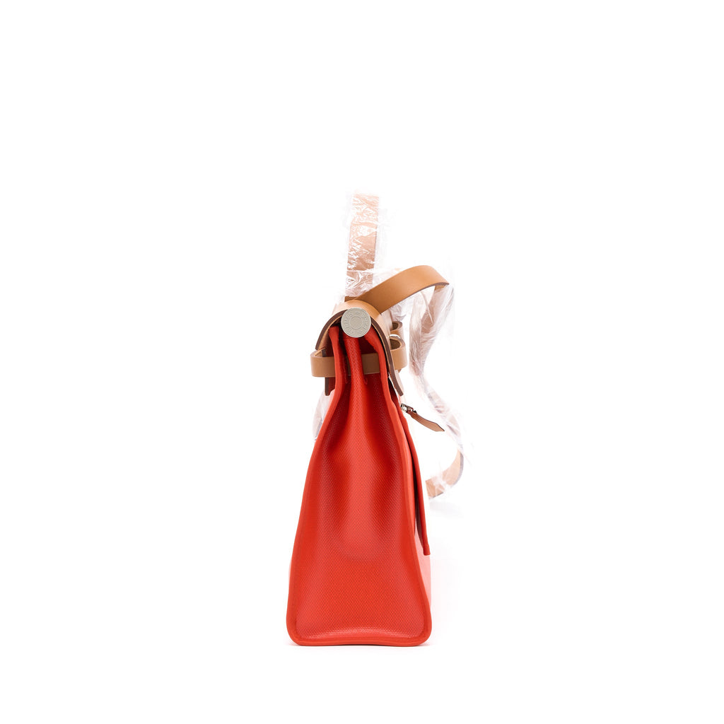 HERMES HERBAG 31 WITH BERLINE CANVAS AND HUNTER ORANGE MECANO/ECRU- BEIGE SHW