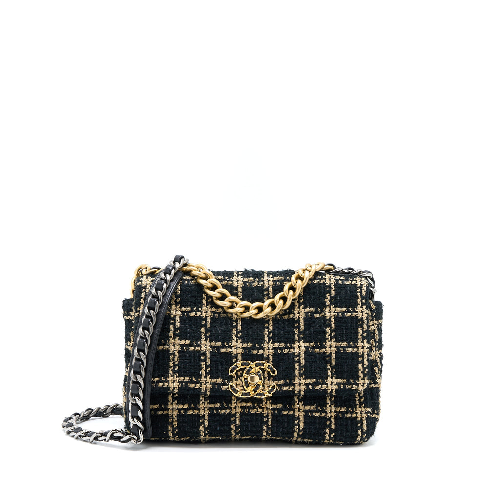 CHANEL TWEED SMALL 19 FLAP BAG BLACK/GOLD WITH MULTICOLOUR HARDWARE