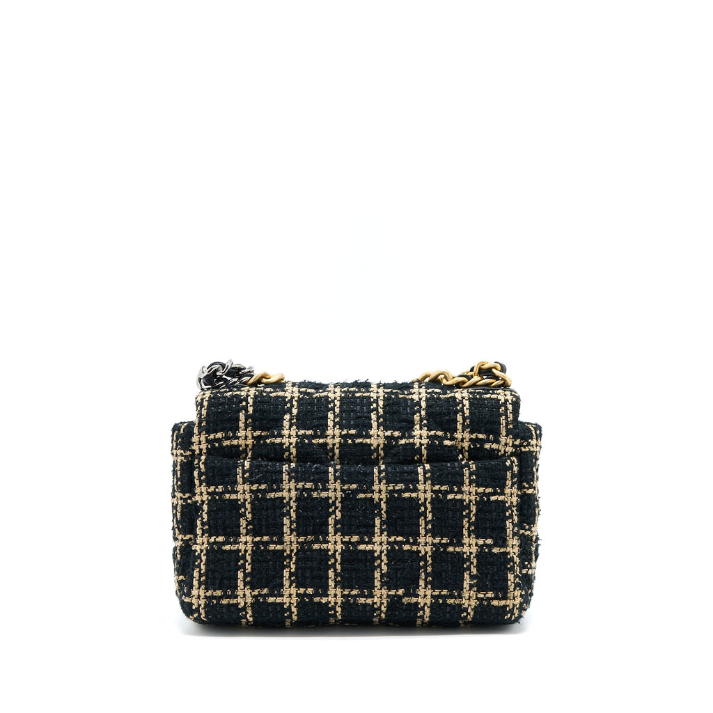 CHANEL TWEED SMALL 19 FLAP BAG BLACK/GOLD WITH MULTICOLOUR HARDWARE