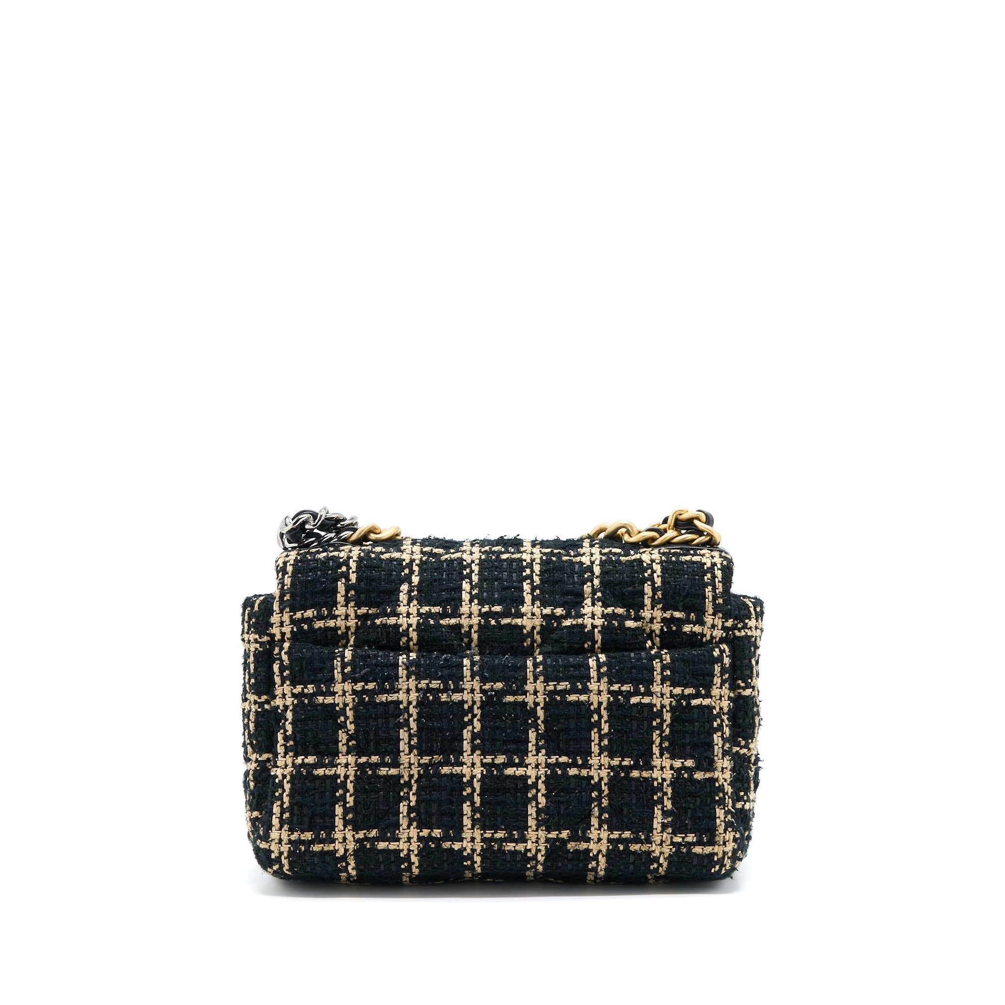 CHANEL TWEED SMALL 19 FLAP BAG BLACK/GOLD WITH MULTICOLOUR HARDWARE