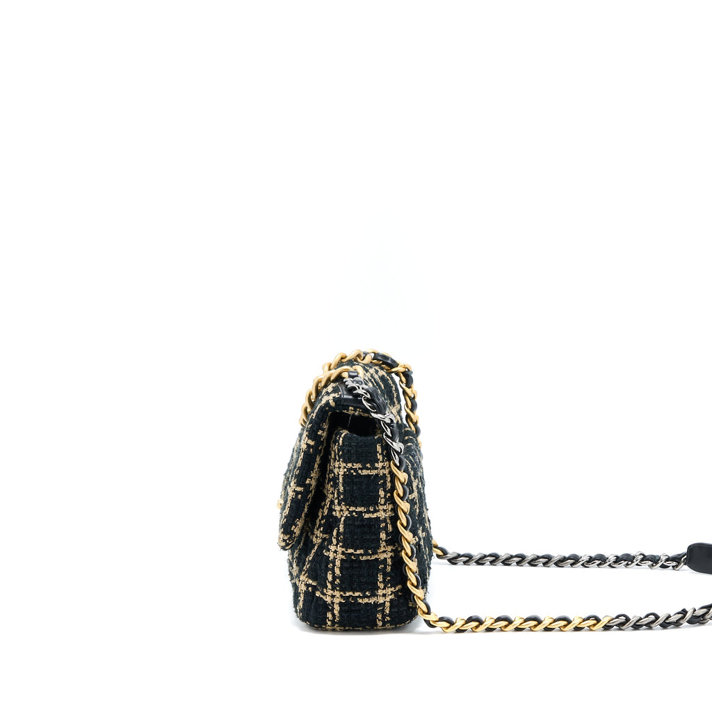 CHANEL TWEED SMALL 19 FLAP BAG BLACK/GOLD WITH MULTICOLOUR HARDWARE