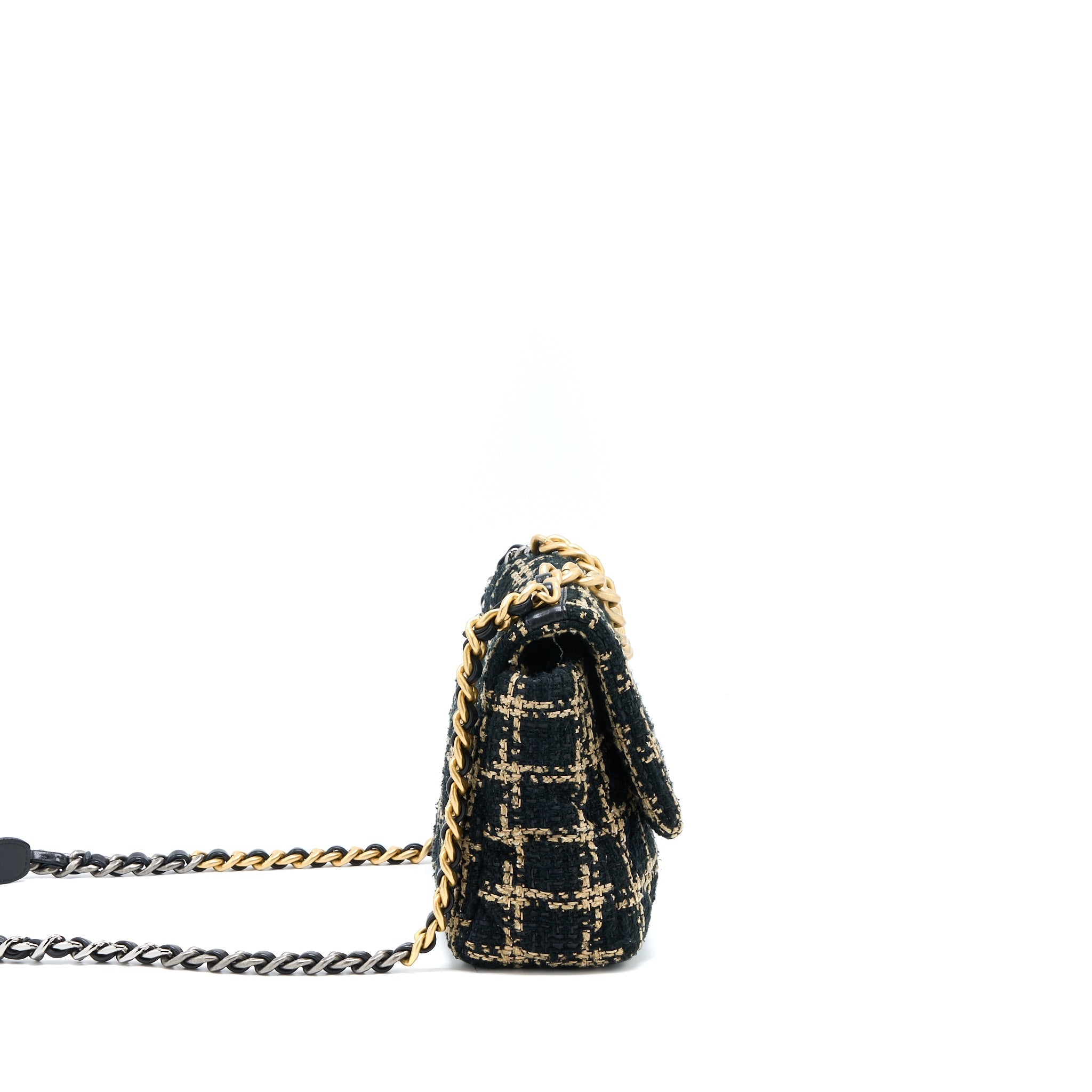CHANEL TWEED SMALL 19 FLAP BAG BLACK/GOLD WITH MULTICOLOUR HARDWARE