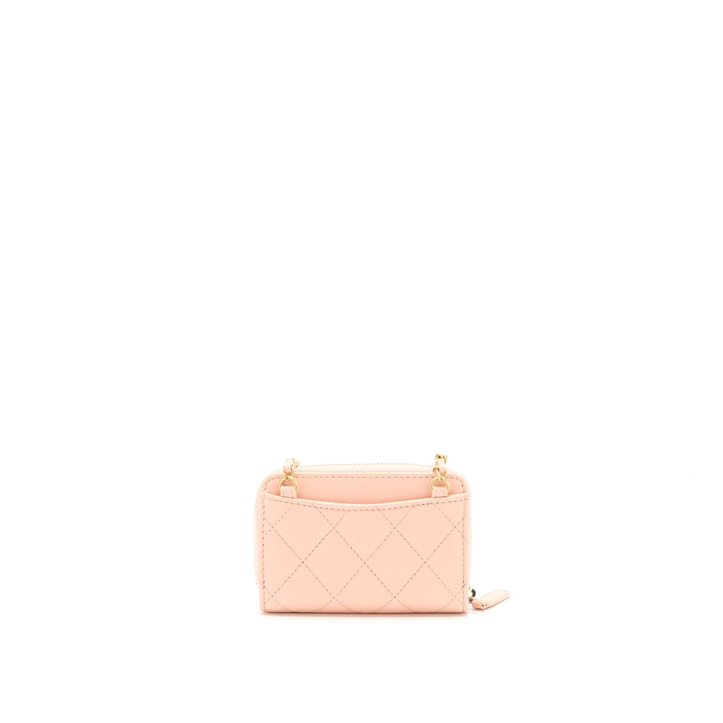 CHANEL PEARL CRUSH ZIPPY CARD HOLDER LAMBSKIN LIGHT PINK BRUSHED GHW