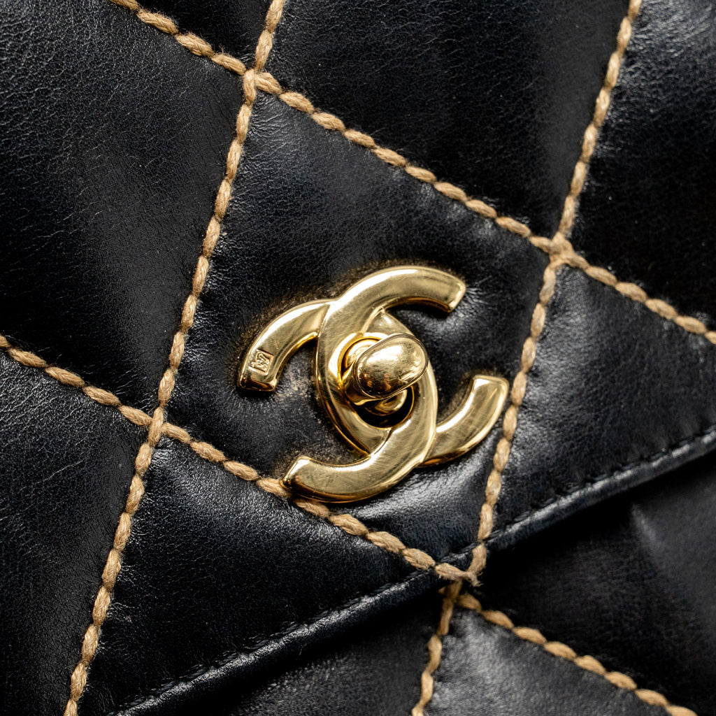 CHANEL VINTAGE QUILTED FLAP BAG LAMBSKIN BLACK WITH WHITE STITCHING GHW