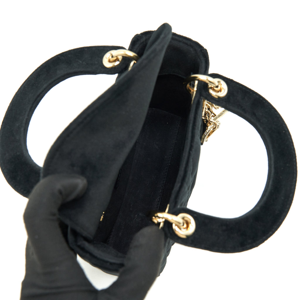 CHRISTIAN DIOR MINI LADY DIOR IN VELVET BLACK WITH LIGHT GOLD HARDWARE AND WHITE CRYSTAL