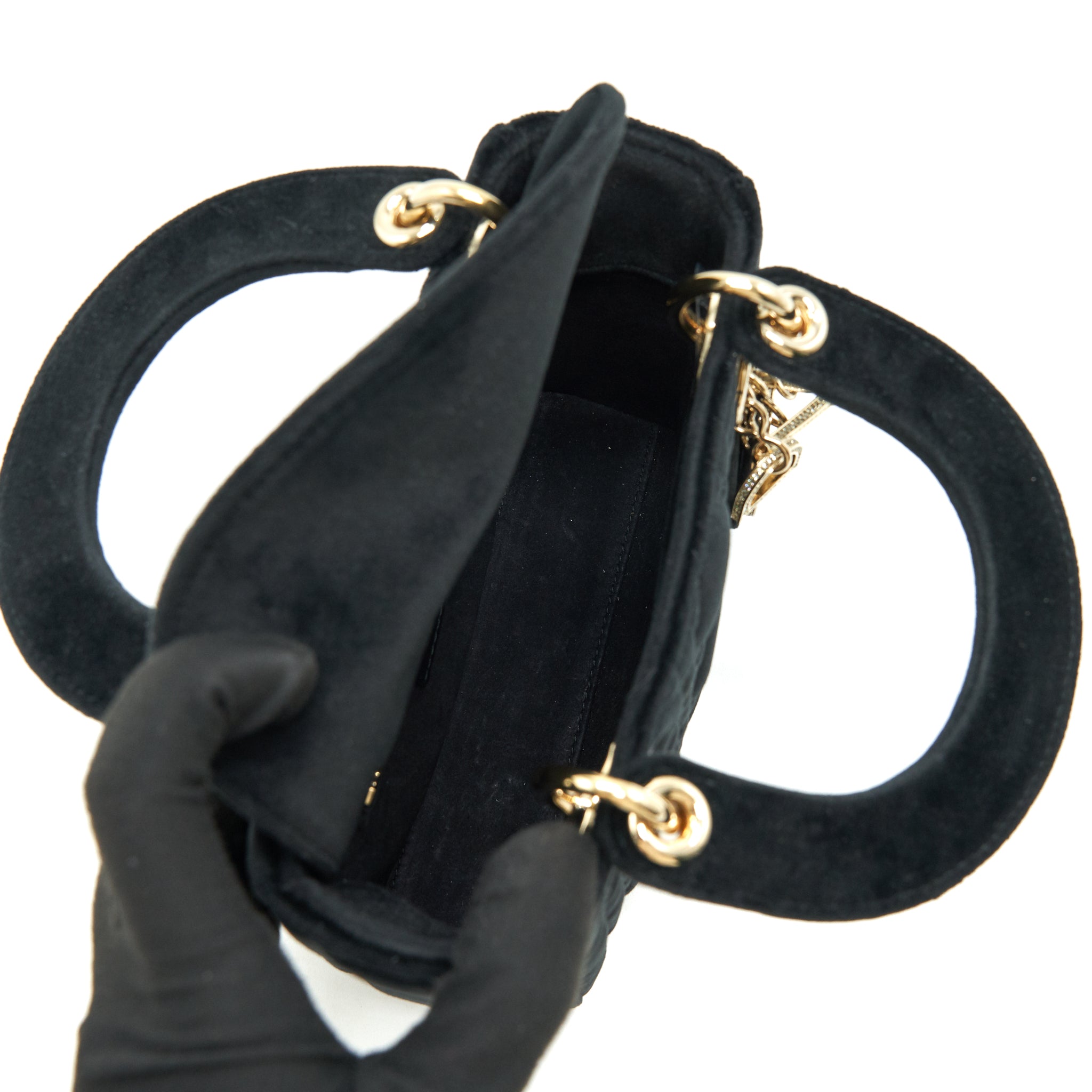 CHRISTIAN DIOR MINI LADY DIOR IN VELVET BLACK WITH LIGHT GOLD HARDWARE AND WHITE CRYSTAL