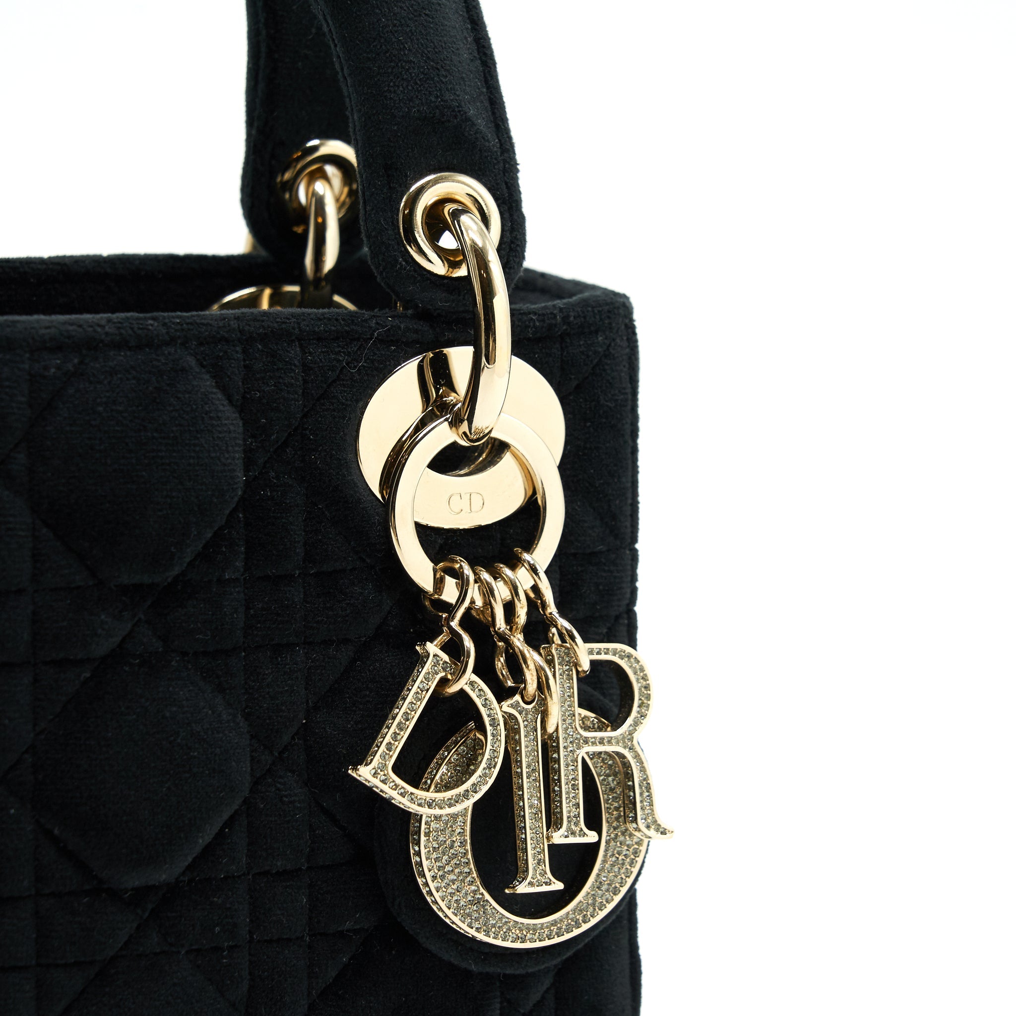 CHRISTIAN DIOR MINI LADY DIOR IN VELVET BLACK WITH LIGHT GOLD HARDWARE AND WHITE CRYSTAL
