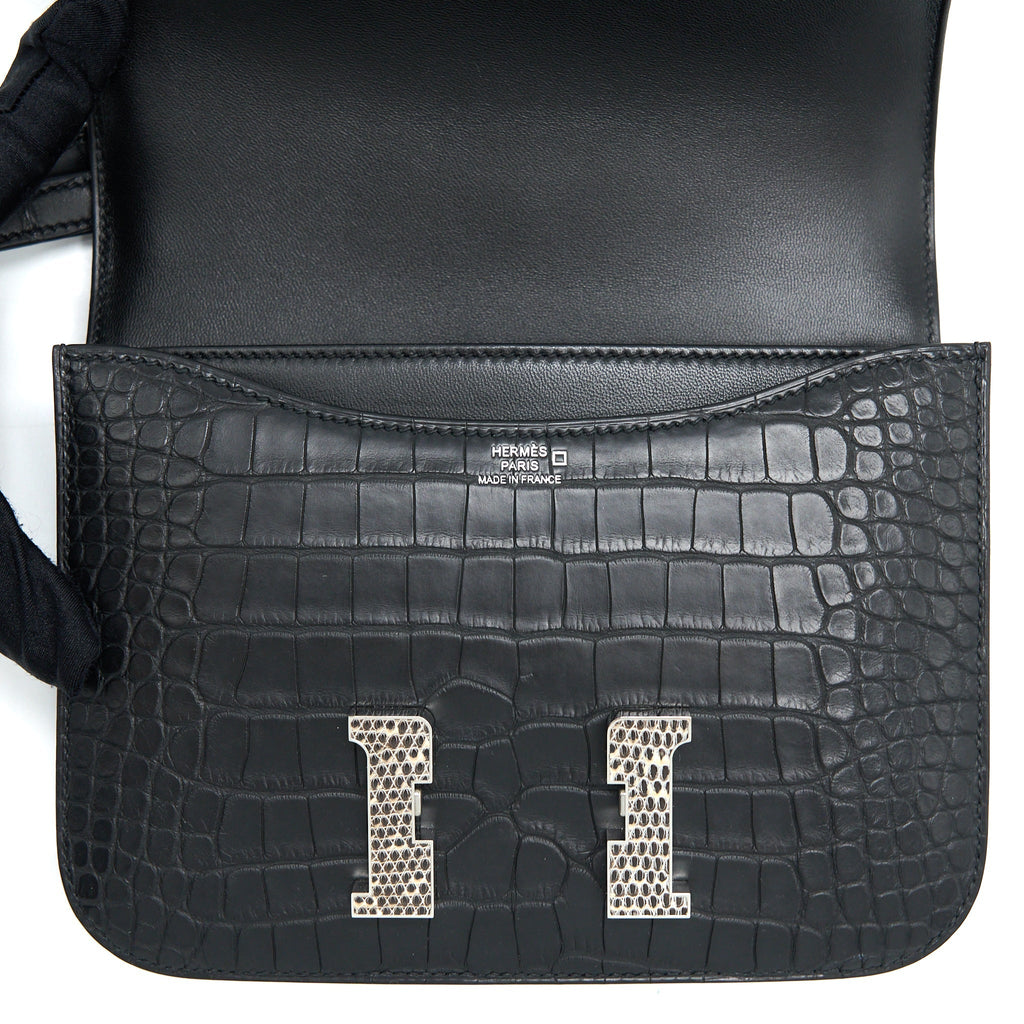 HERMES MINI CONSTANCE MAT ALLIGATOR MISSISSIPPIANS BLACK WITH LIZARD BUCKLE SHW
