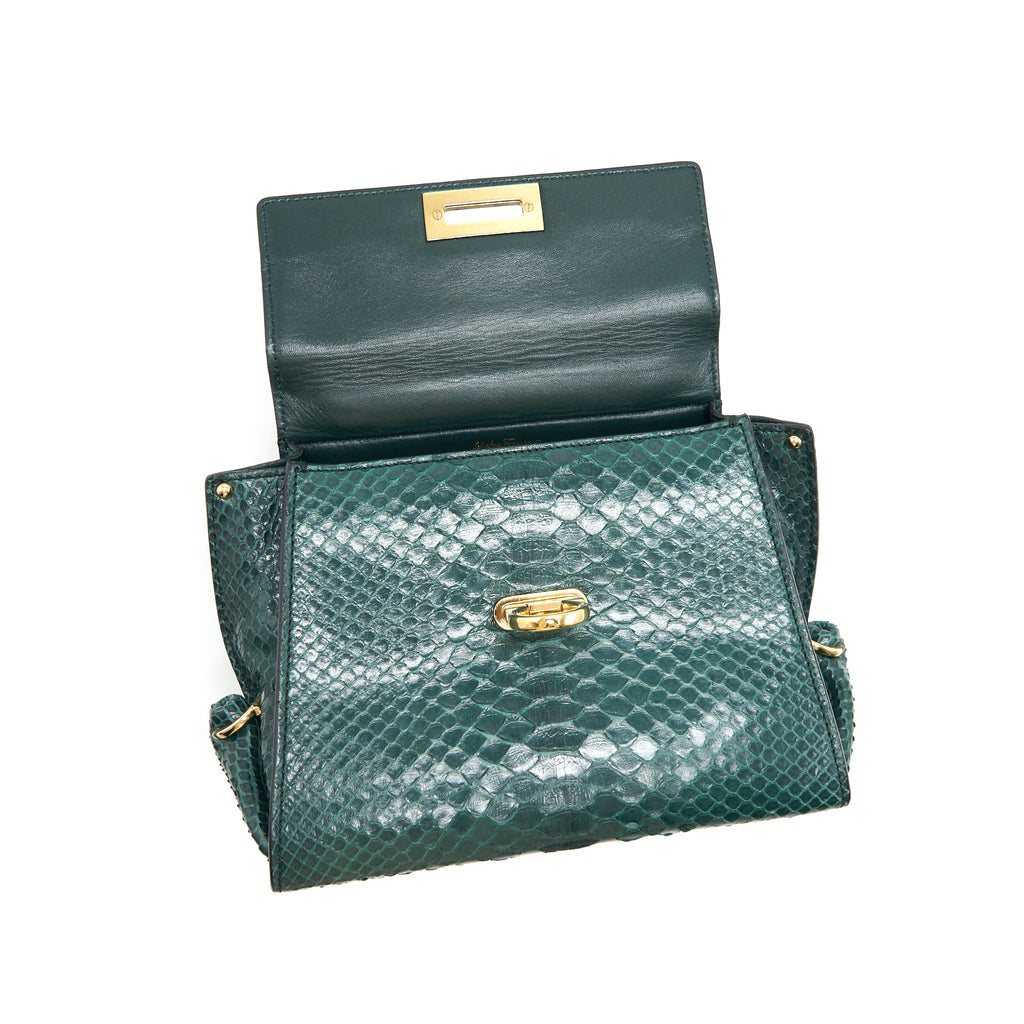 FERRAGAMO PYTHON LEATHER TOPHANDLE TOTE BAG DARK GREEN GHW