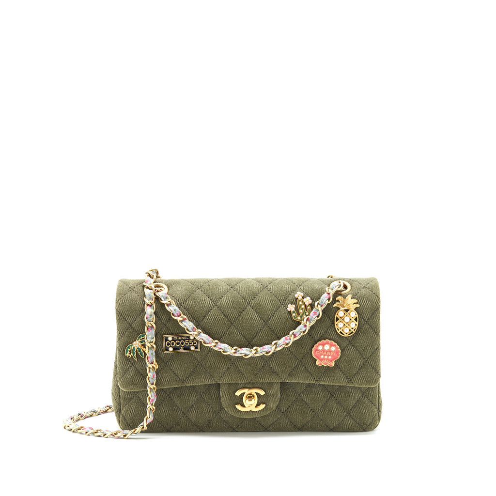 CHANEL CUBA CHARMS CLASSIC DOUBLE FLAP BAG CANVAS GREEN GHW