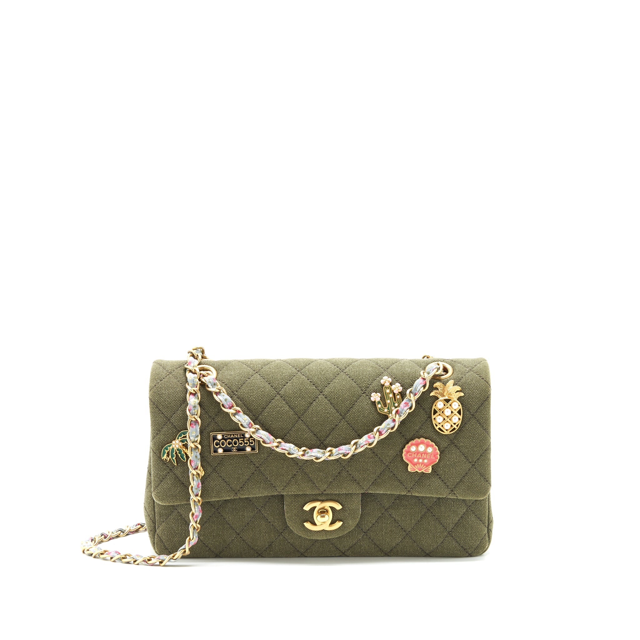 CHANEL CUBA CHARMS CLASSIC DOUBLE FLAP BAG CANVAS GREEN GHW