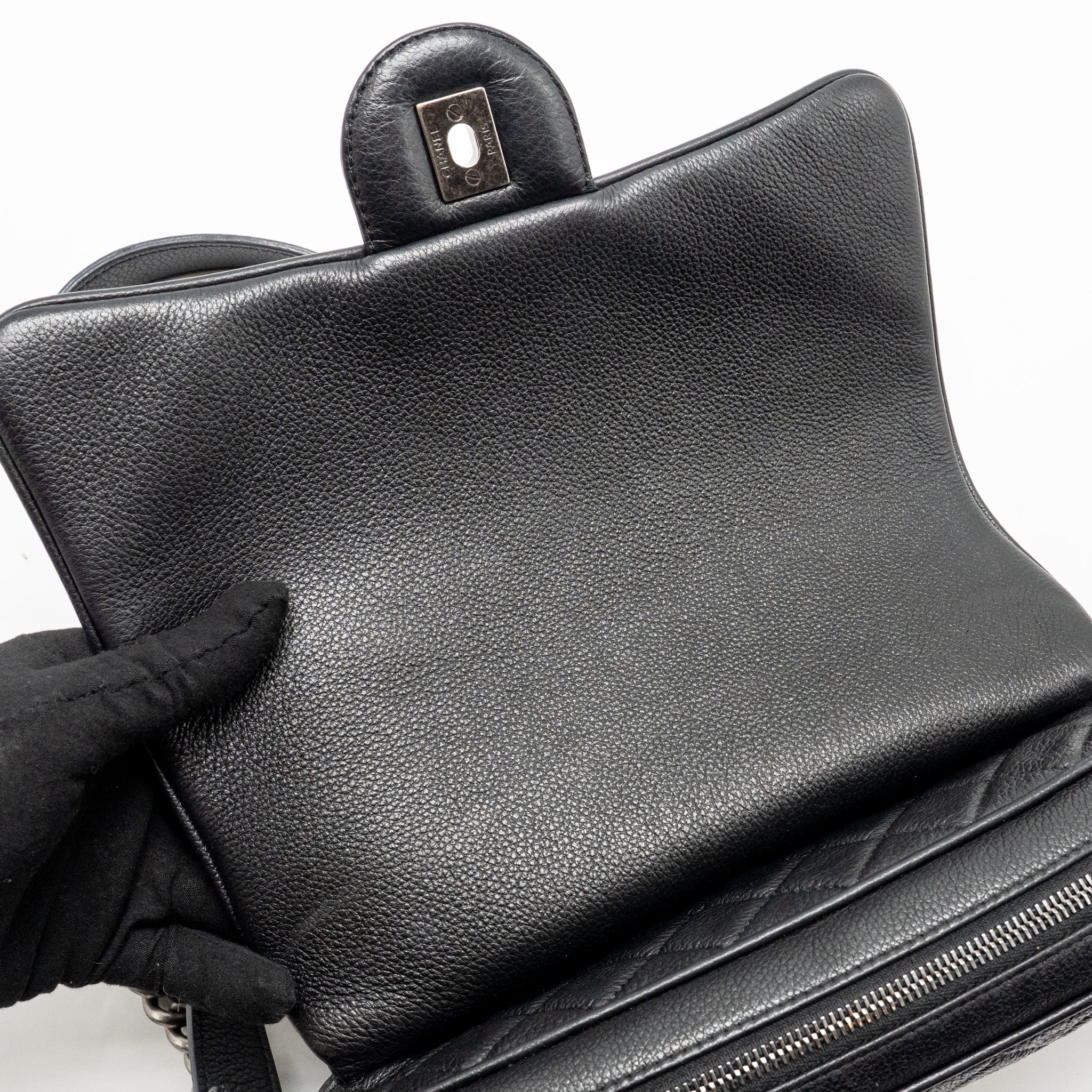 CHANEL MEDIUM CASUAL ROCK FLAP BAG GRAINED CALFSKIN BLACK RUTHENIUM HARDWARE