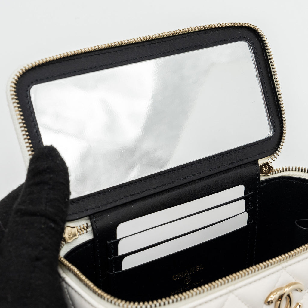 CHANEL LETTER/CC LOGO CHAIN LONG VANITY CALFSKIN WHITE LGHW (MICROCHIP)