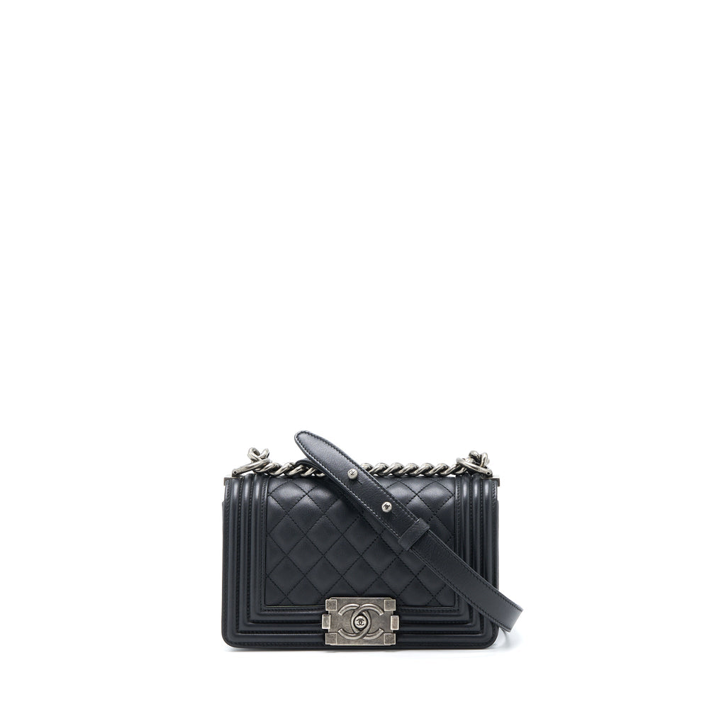 CHANEL SMALL BOY BAG CALFSKIN BLACK WITH RUTHENIUM HARDWARE