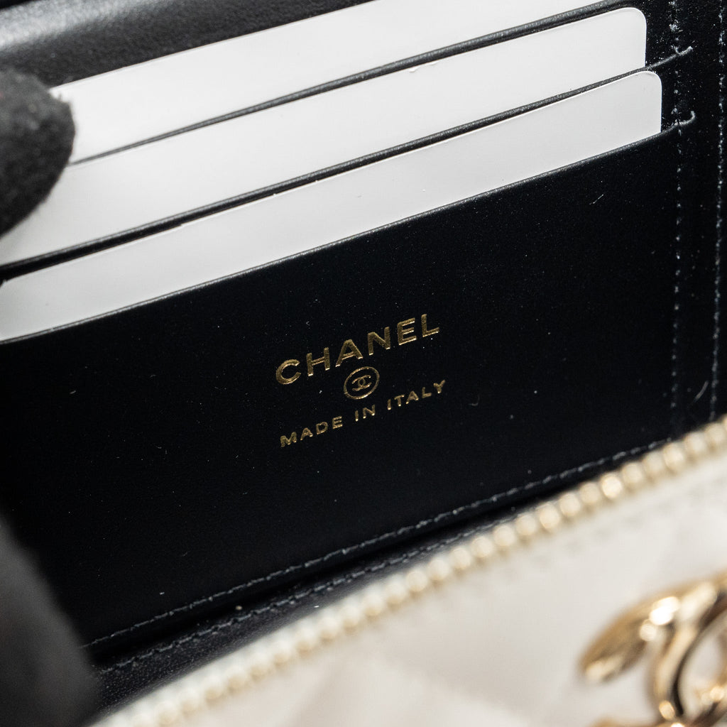 CHANEL LETTER/CC LOGO CHAIN LONG VANITY CALFSKIN WHITE LGHW (MICROCHIP)
