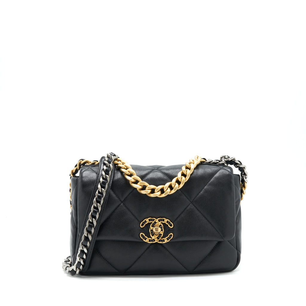 CHANEL 19 FLAP BAG SMALL LAMBSKIN BLACK GOLD/SLIVER HARDWARE