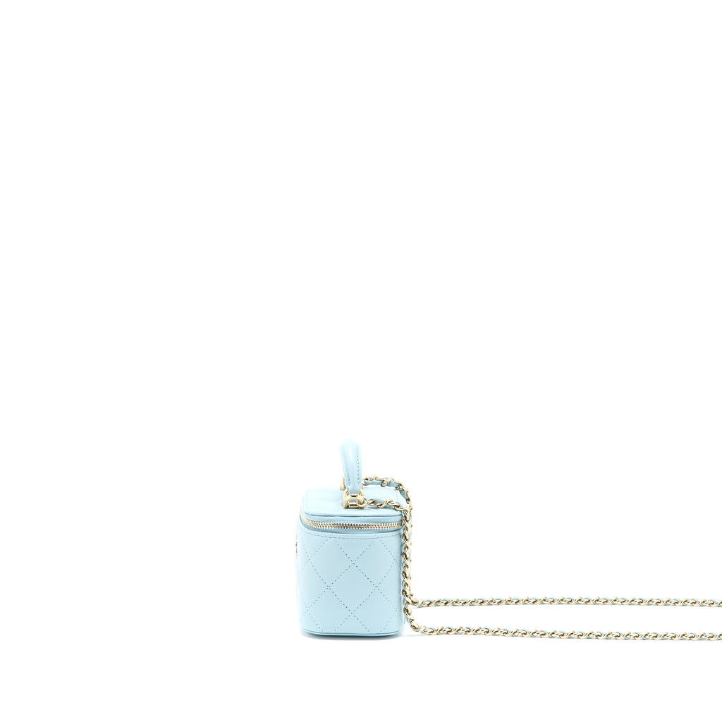 CHANEL 22P TOP HANDLE MINI VANITY WITH CHAIN LAMBSKIN LIGHT BLUE LGHW
