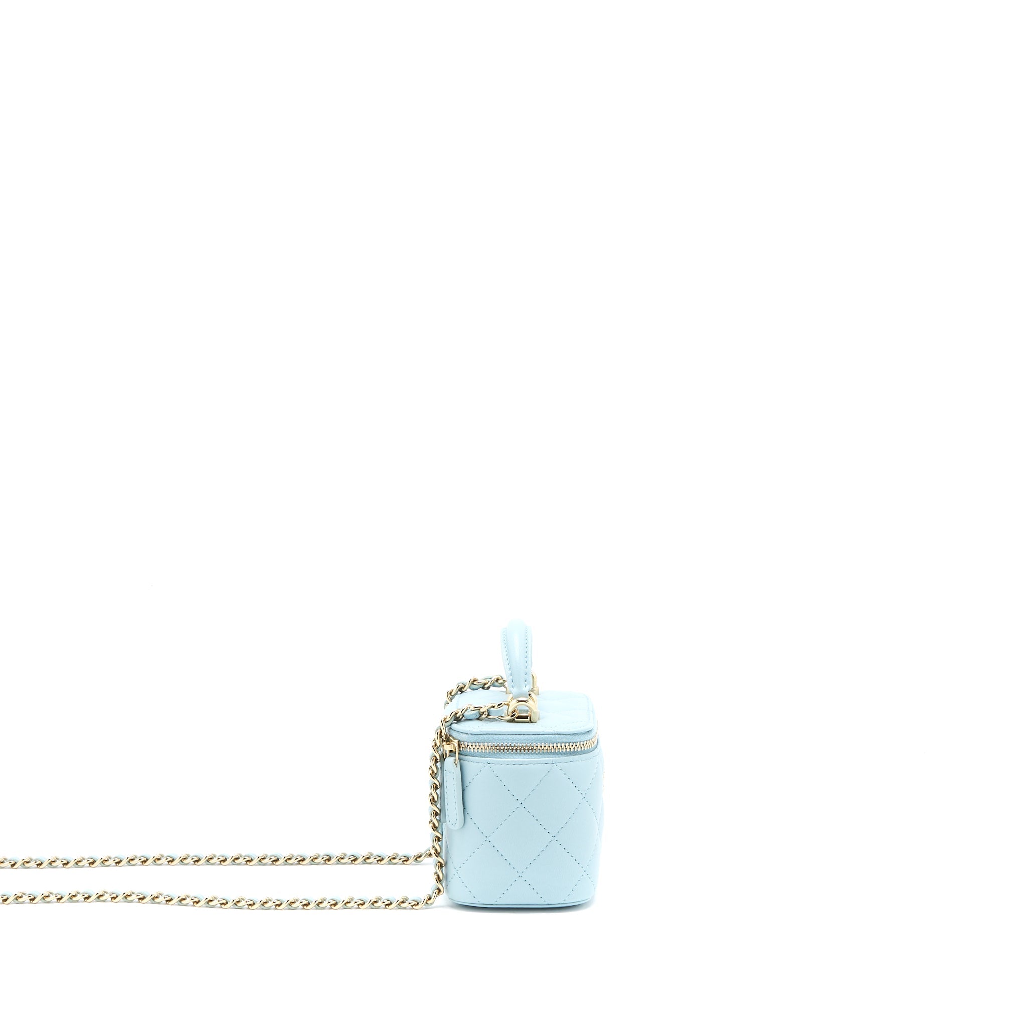 CHANEL 22P TOP HANDLE MINI VANITY WITH CHAIN LAMBSKIN LIGHT BLUE LGHW