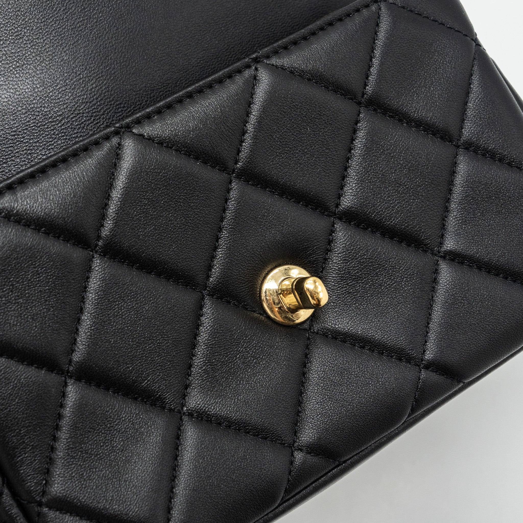 CHANEL LOGO CHAIN HANDLE FLAP BAG LAMBSKIN BLACK GHW(MICROCHIP)