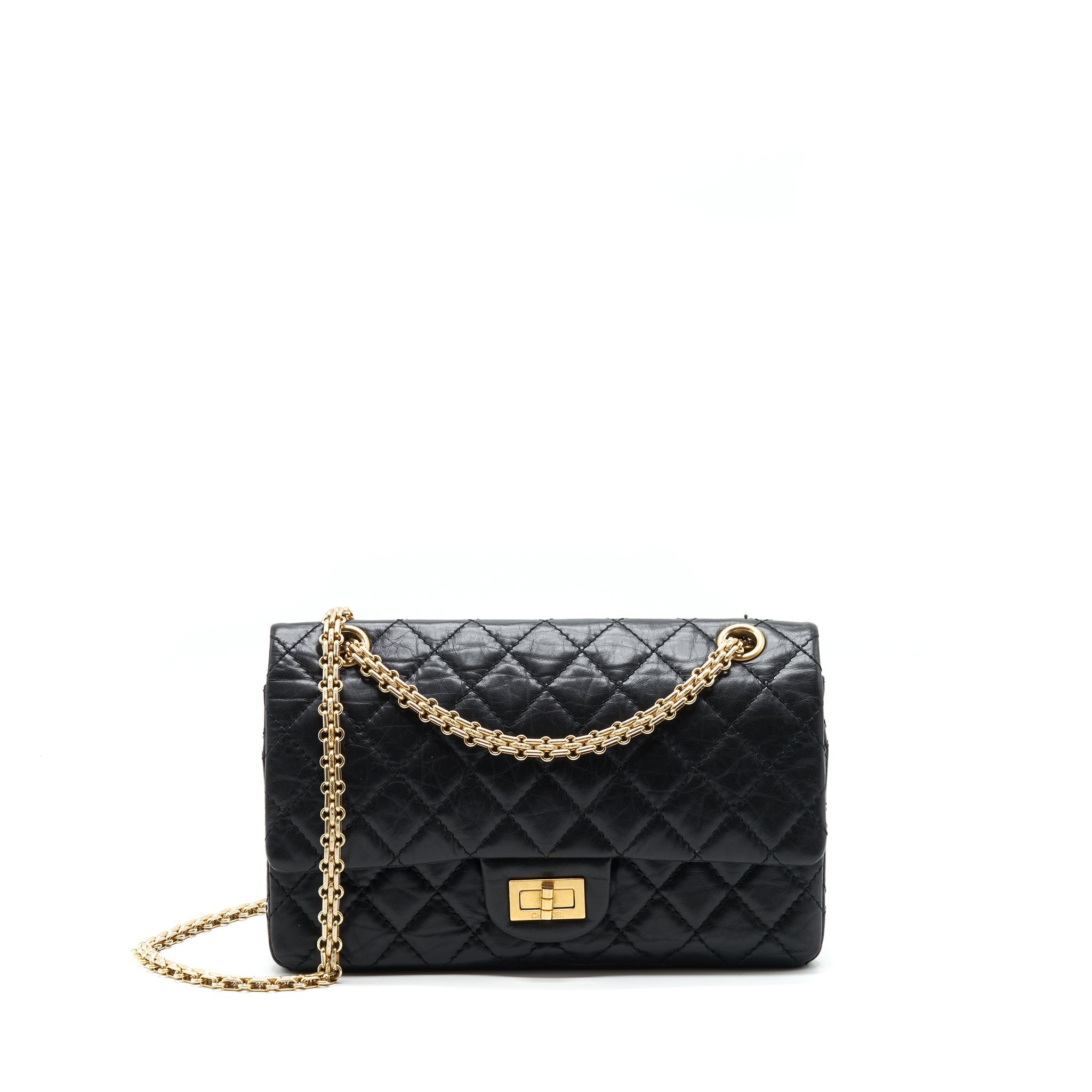CHANEL 2.55 225 SMALL REISSUE DOUBLE FLAP BAG AGED CALFSKIN BLACK GHW