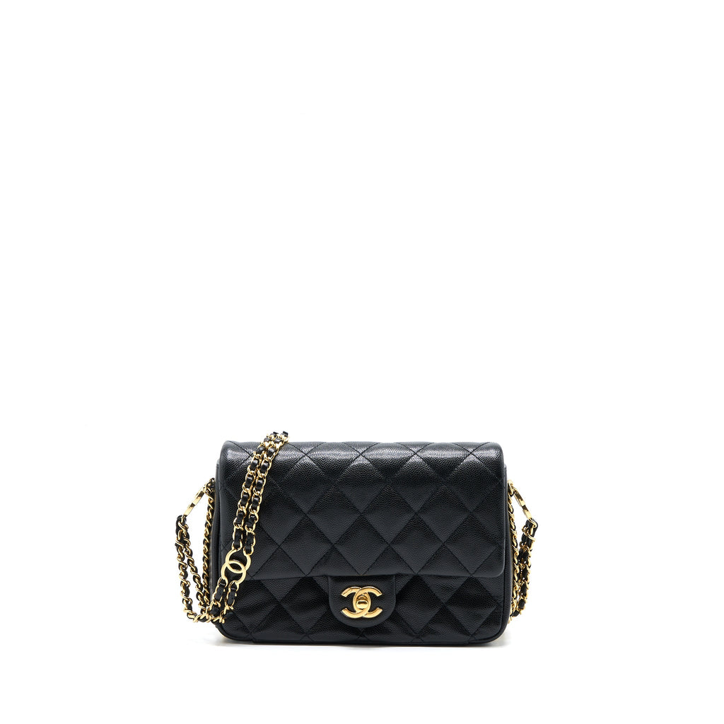 CHANEL 23C MINI FLAP BAG WITH CC LOGO CHAIN GRAINED CALFSKIN BLACK GHW (MICROCHIP)