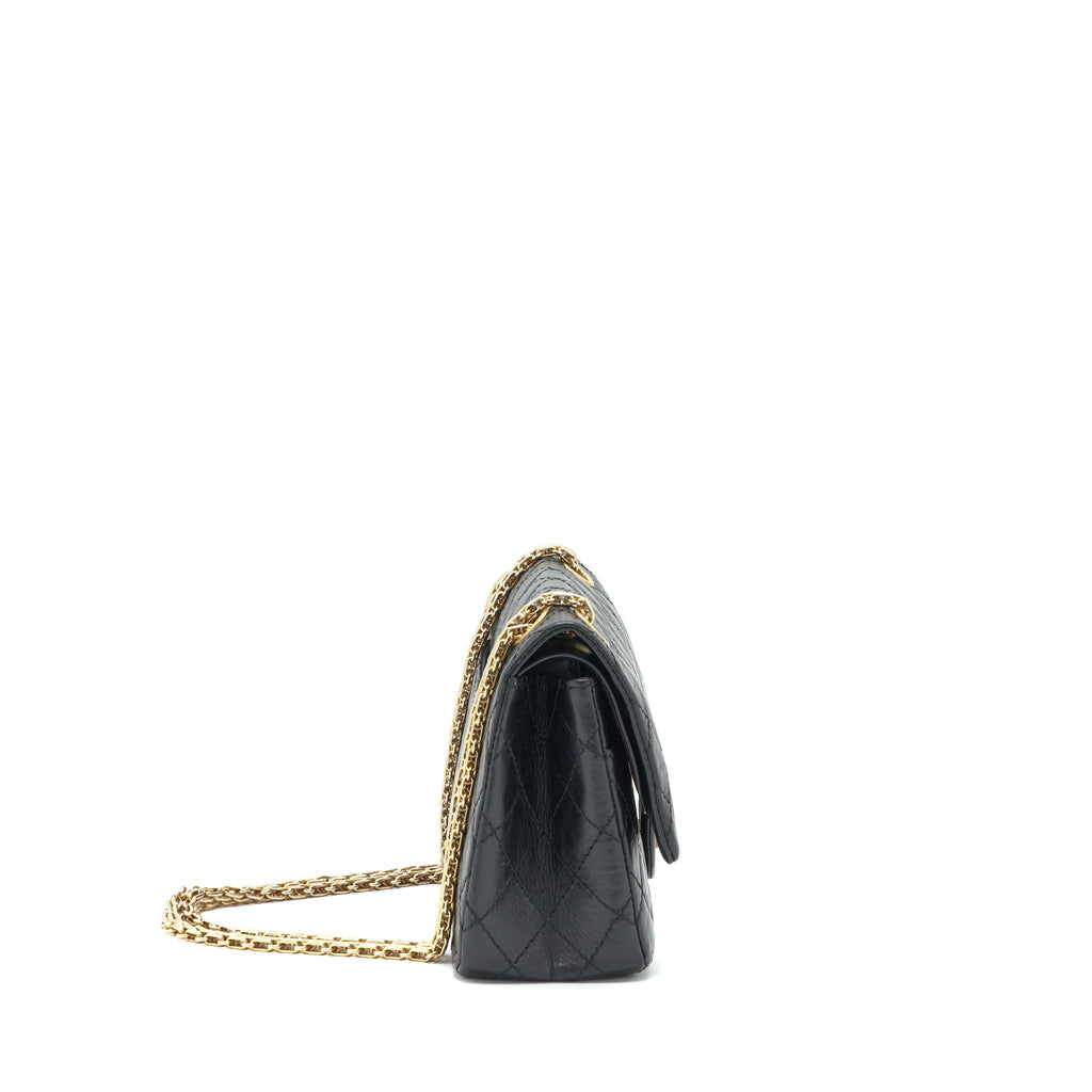 CHANEL 2.55 225 SMALL REISSUE DOUBLE FLAP BAG AGED CALFSKIN BLACK GHW