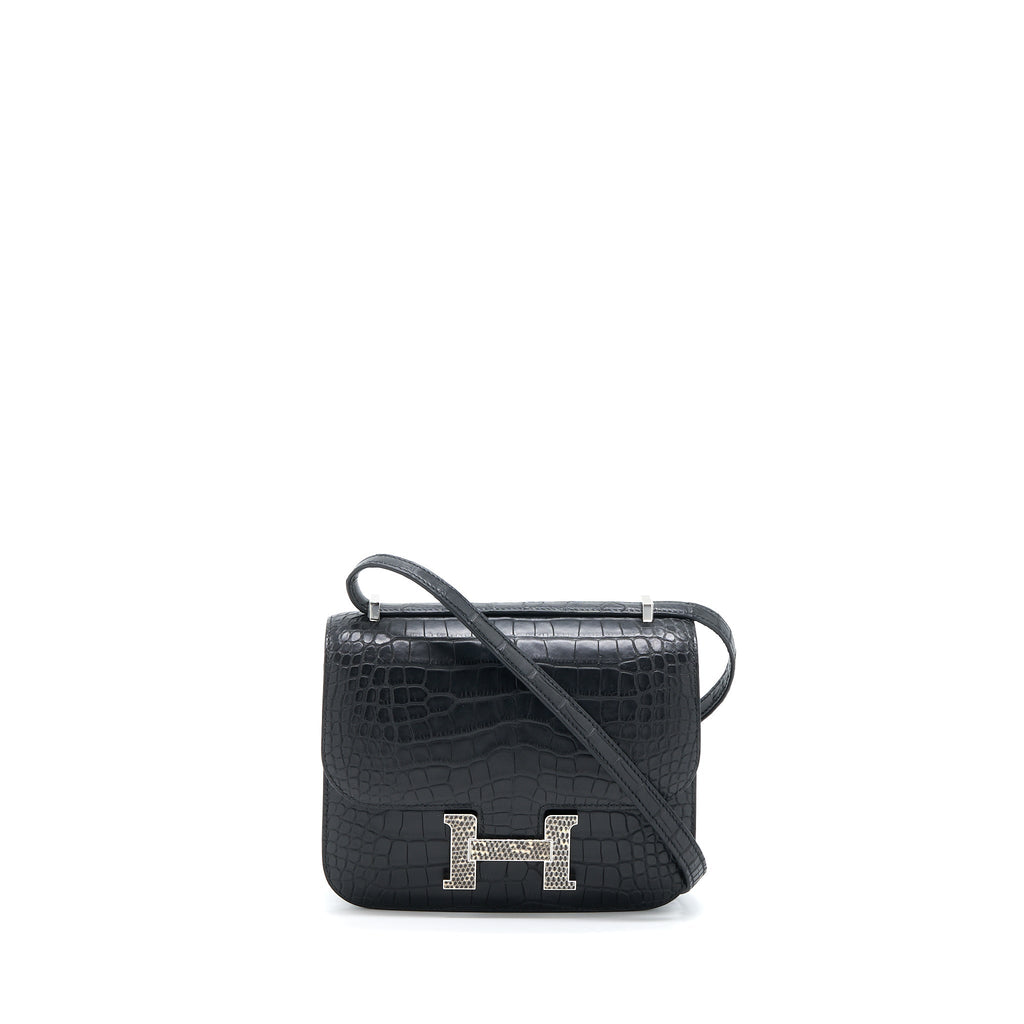 HERMES MINI CONSTANCE MAT ALLIGATOR MISSISSIPPIANS BLACK WITH LIZARD BUCKLE SHW