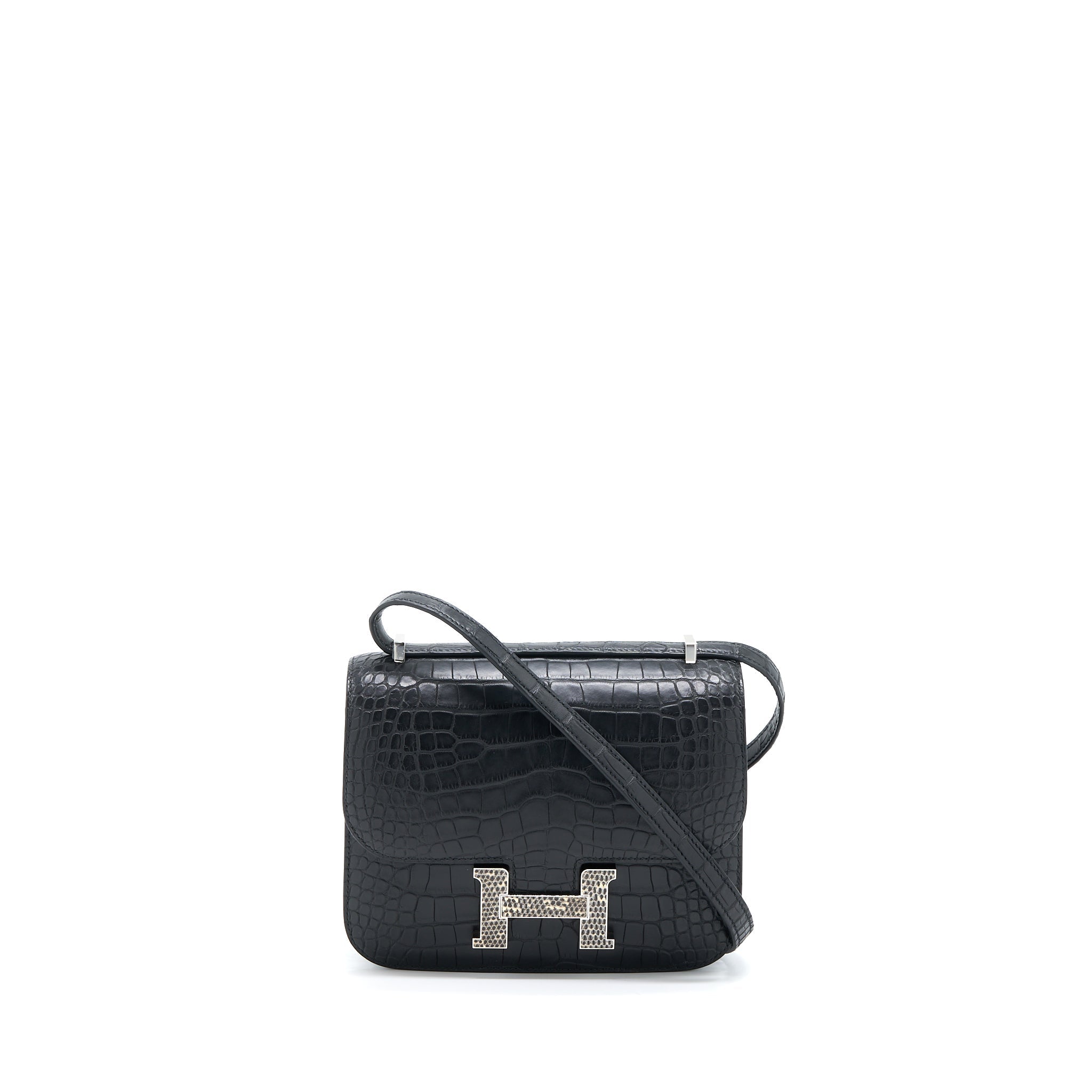HERMES MINI CONSTANCE MAT ALLIGATOR MISSISSIPPIANS BLACK WITH LIZARD BUCKLE SHW
