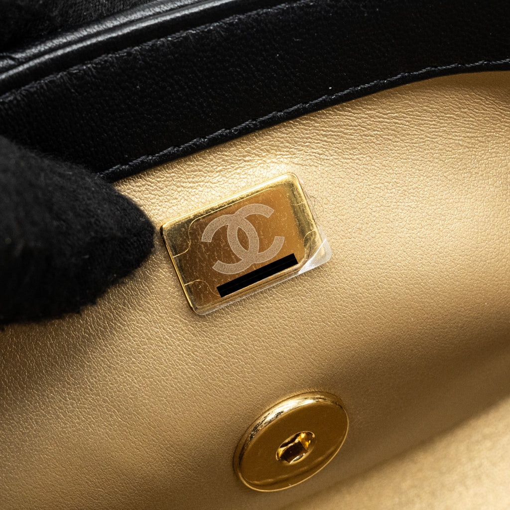 CHANEL LOGO CHAIN HANDLE FLAP BAG LAMBSKIN BLACK GHW(MICROCHIP)