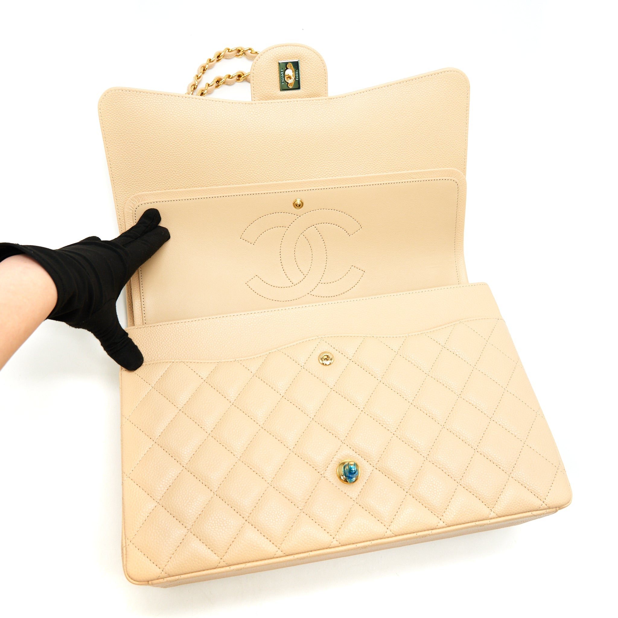 CHANEL MAXI CLASSIC DOUBLE FLAP BAG CAVIAR BEIGE GHW