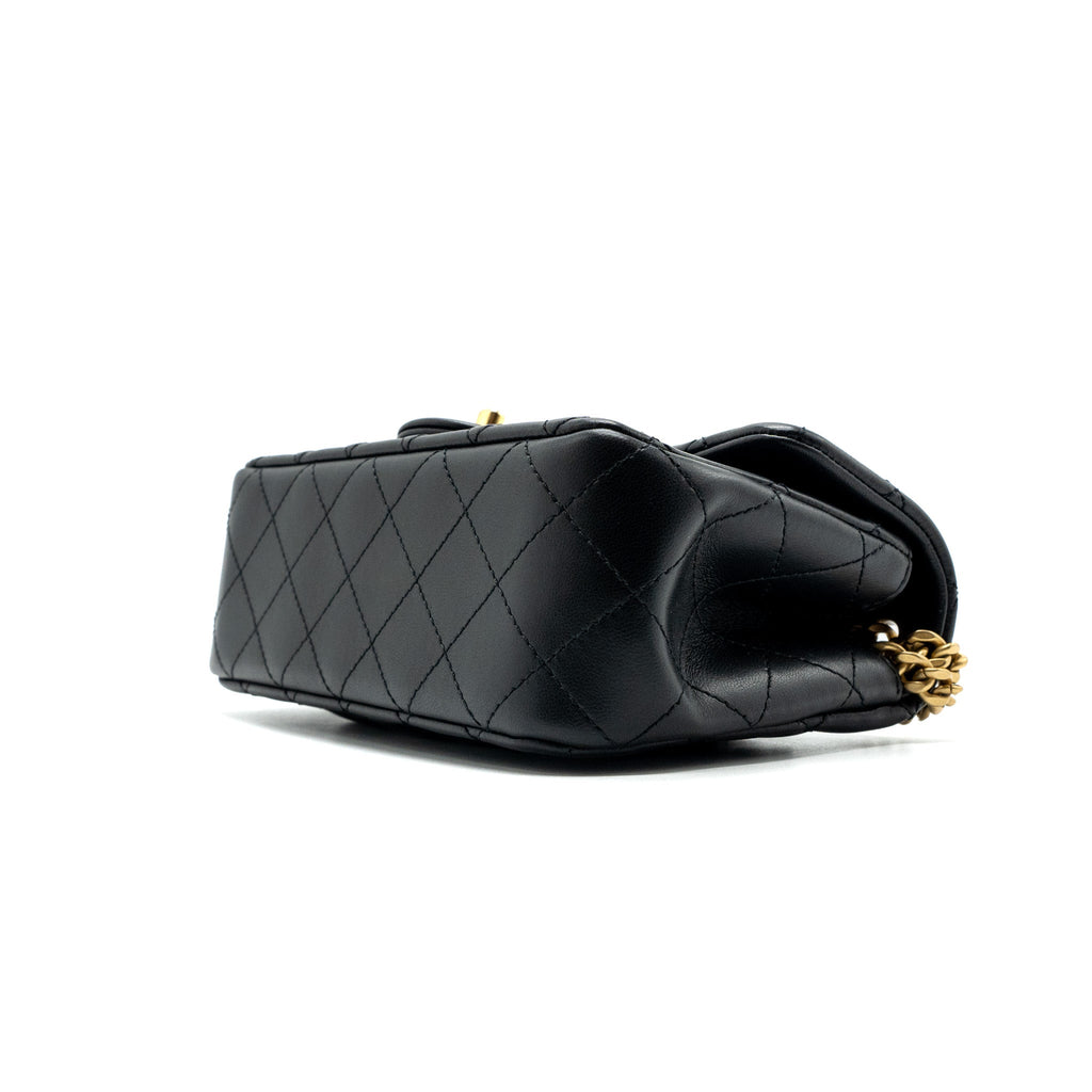 CHANEL 23S CAMELLIA ADJUSTABLE CHAIN MINI RECTANGULAR FLAP BAG LAMBSKIN BLACK GHW (MICROCHIP)
