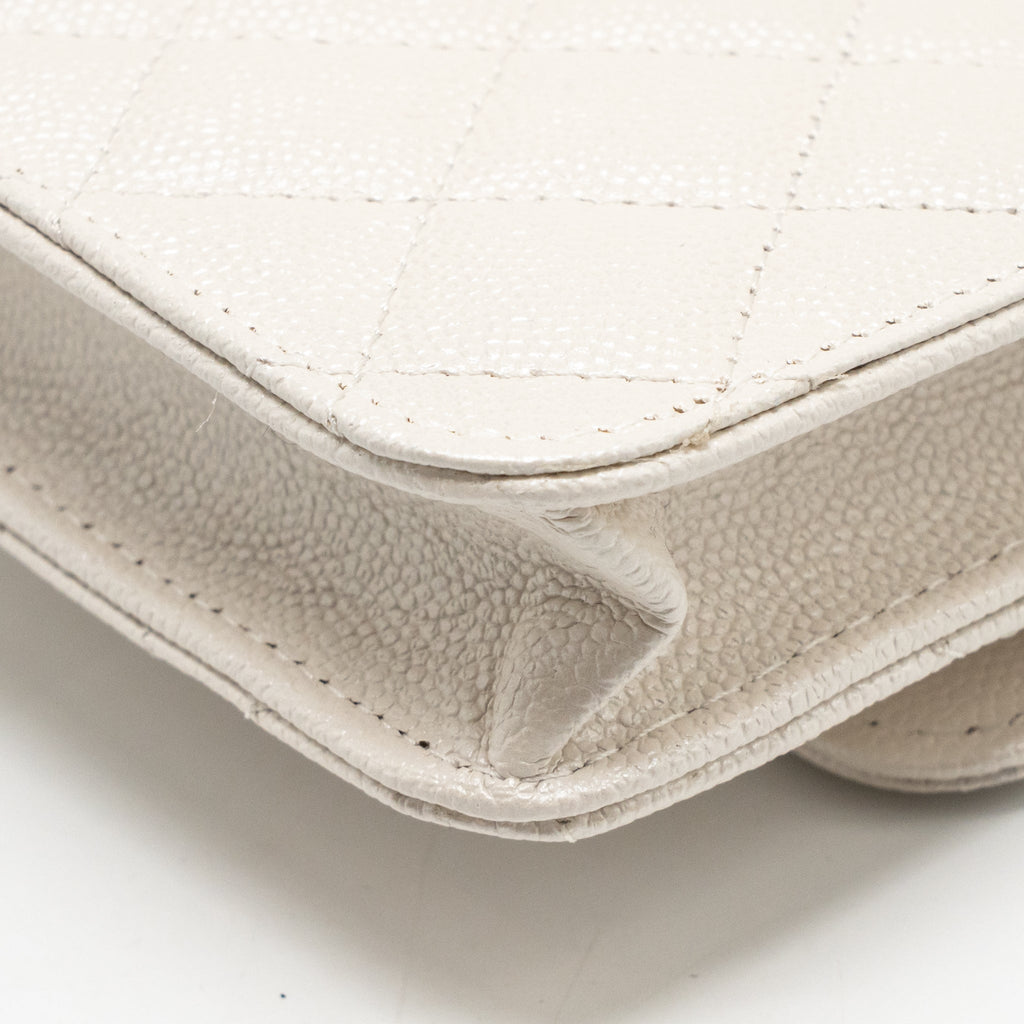 CHANEL JEWELLERY CC MINI FLAP CLUTCH WITH CHAIN CAVIAR PEARLY WHITE LGHW (MICROCHIP)