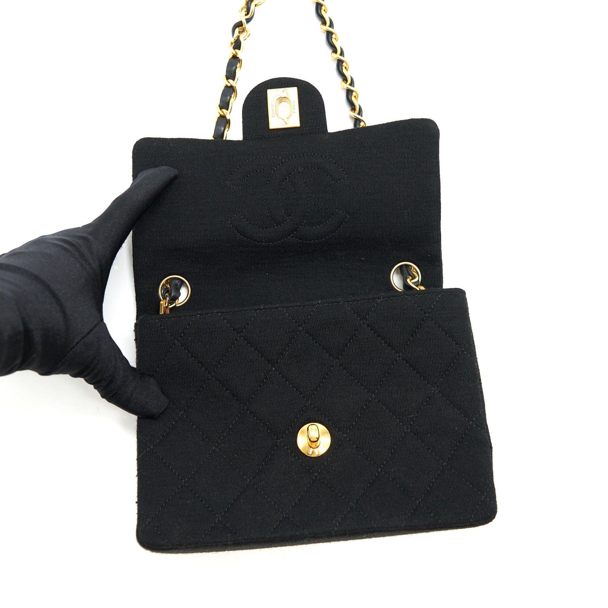 CHANEL VINTAGE FABRIC MINI SQUARE FLAP BAG BLACK GHW