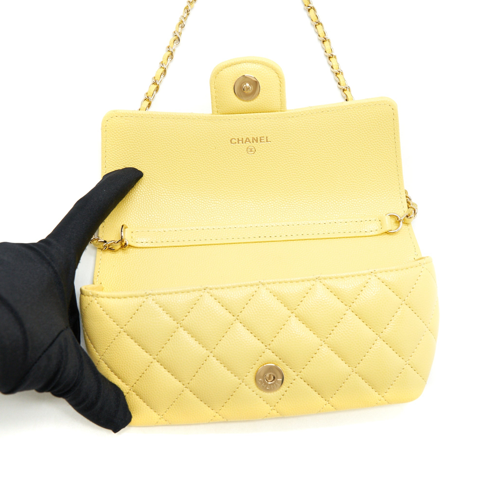 CHANEL GLASSES CASE WITH CHAIN CAVIAR YELLOW