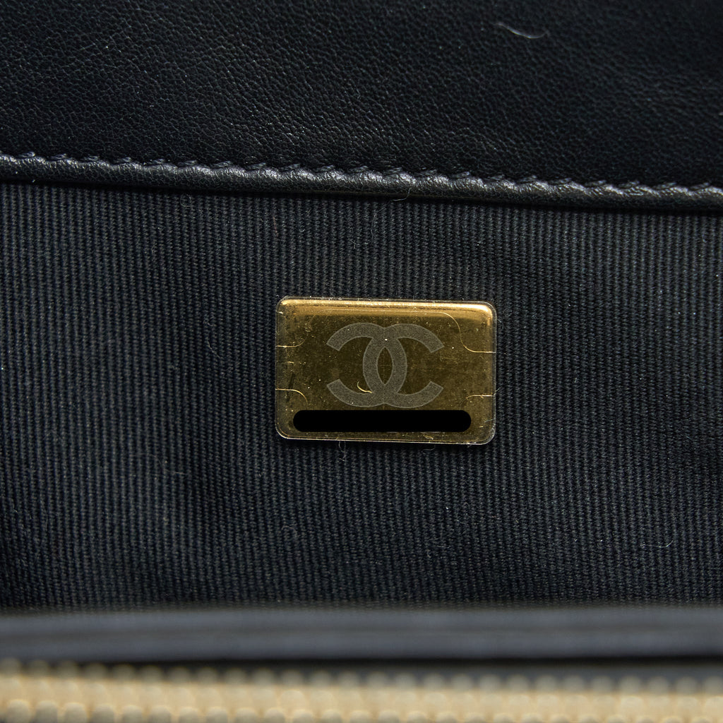 CHANEL 22K GOLD PILLAR ADJUSTABLE CHAIN FLAP BAG LAMBSKIN BLACK BRUSHED GHW (MICROCHIP)