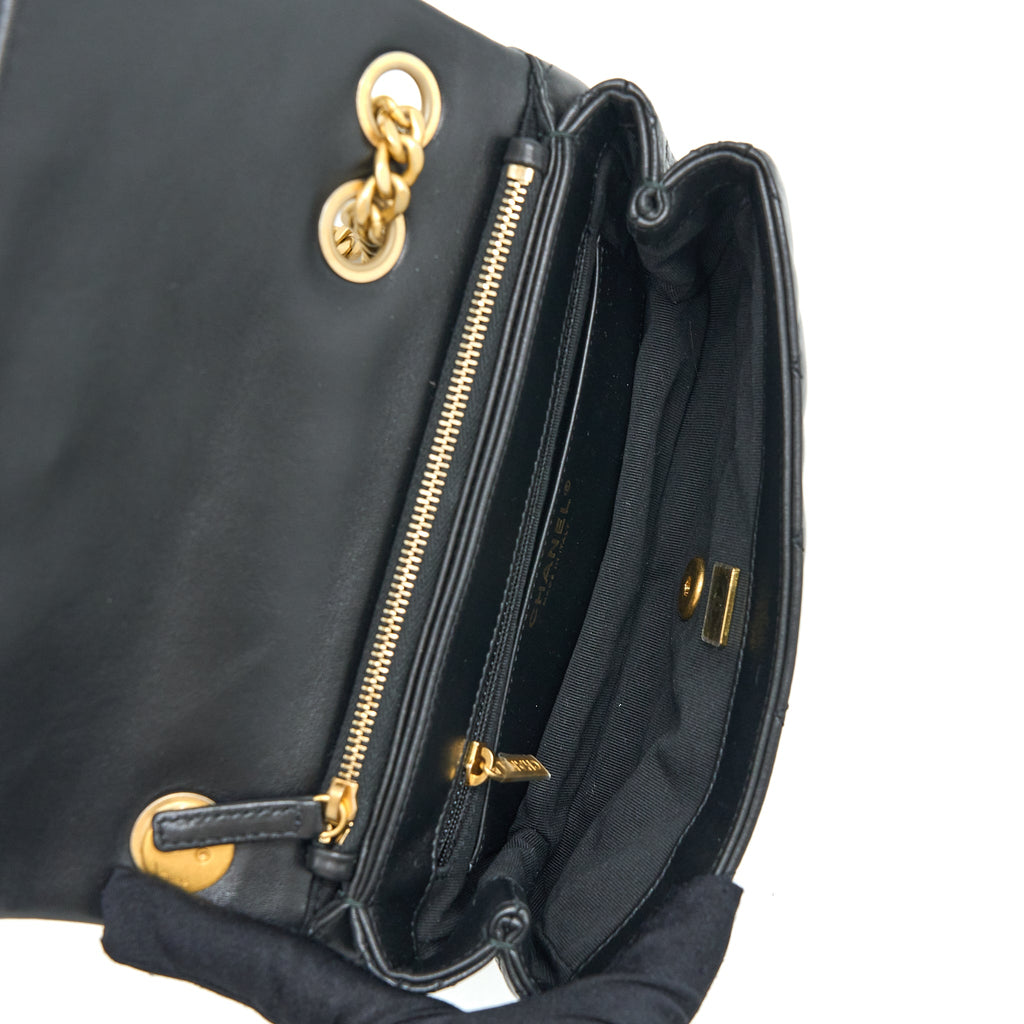 CHANEL 22K GOLD PILLAR ADJUSTABLE CHAIN FLAP BAG LAMBSKIN BLACK BRUSHED GHW (MICROCHIP)