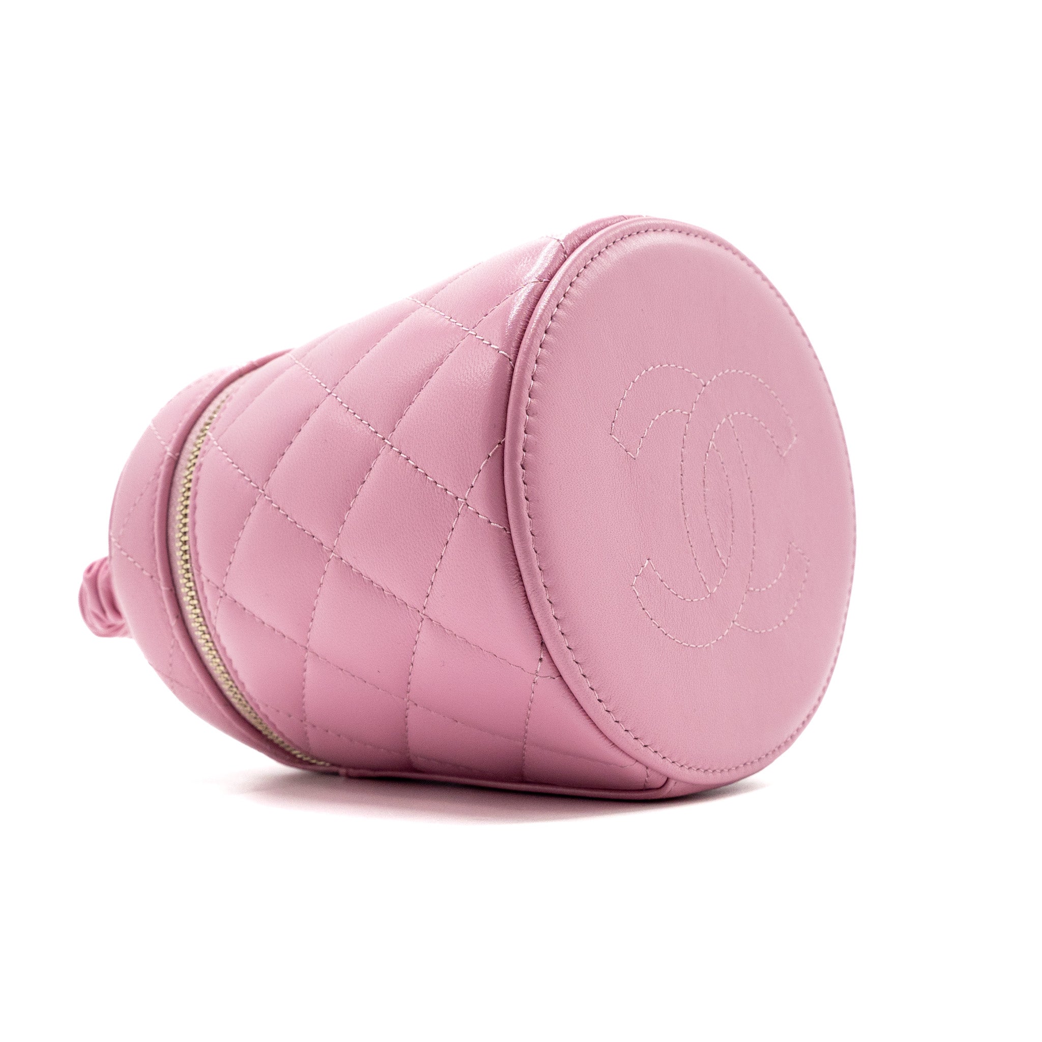 CHANEL TOP HANDLE ROUND VANITY CASE LAMBSKIN PINK LGHW