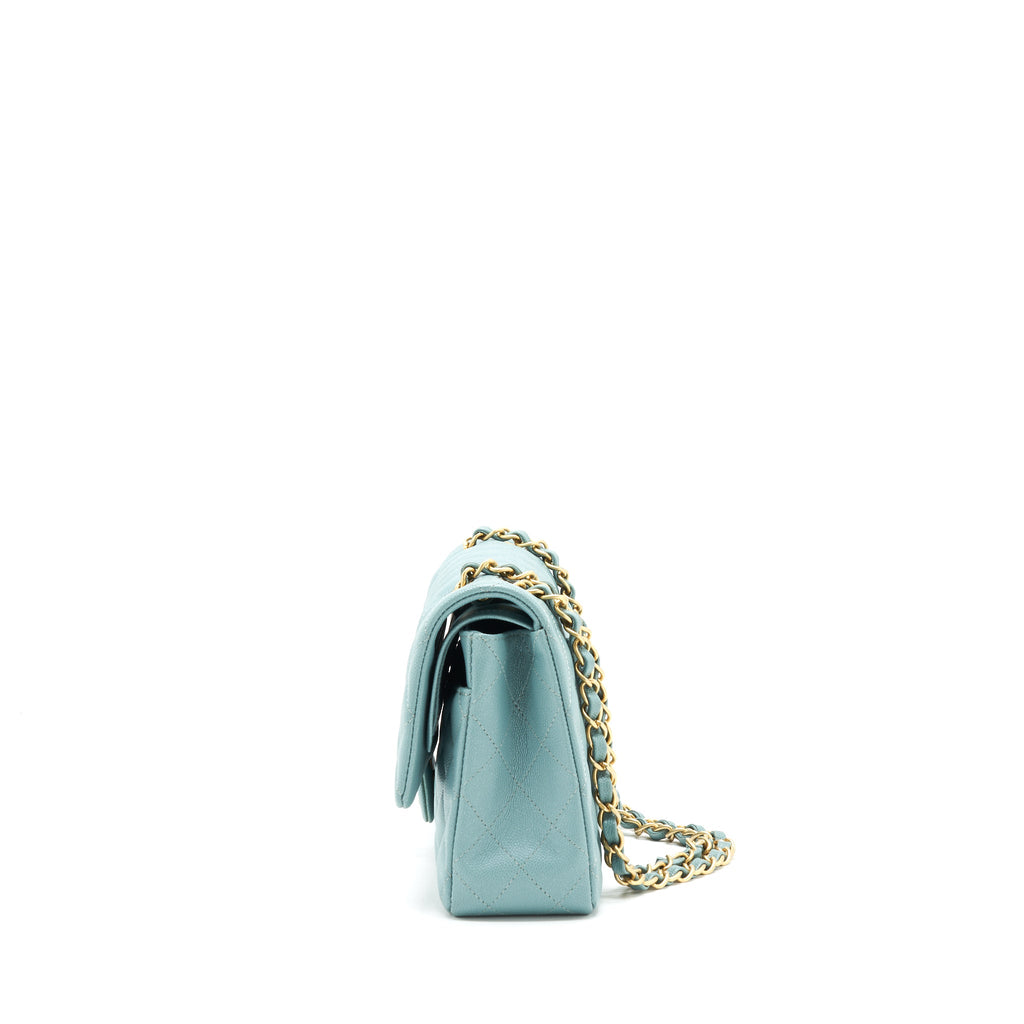 CHANEL CLASSIC DOUBLE FLAP BAG CAVIAR BLUE BRUSHED GHW