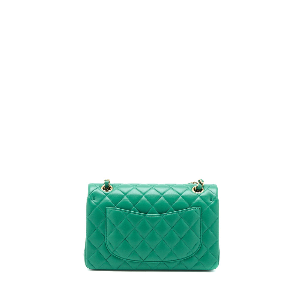 CHANEL SMALL CLASSIC DOUBLE FLAP BAG LAMBSKIN GREEN LGHW(MICROCHIP)