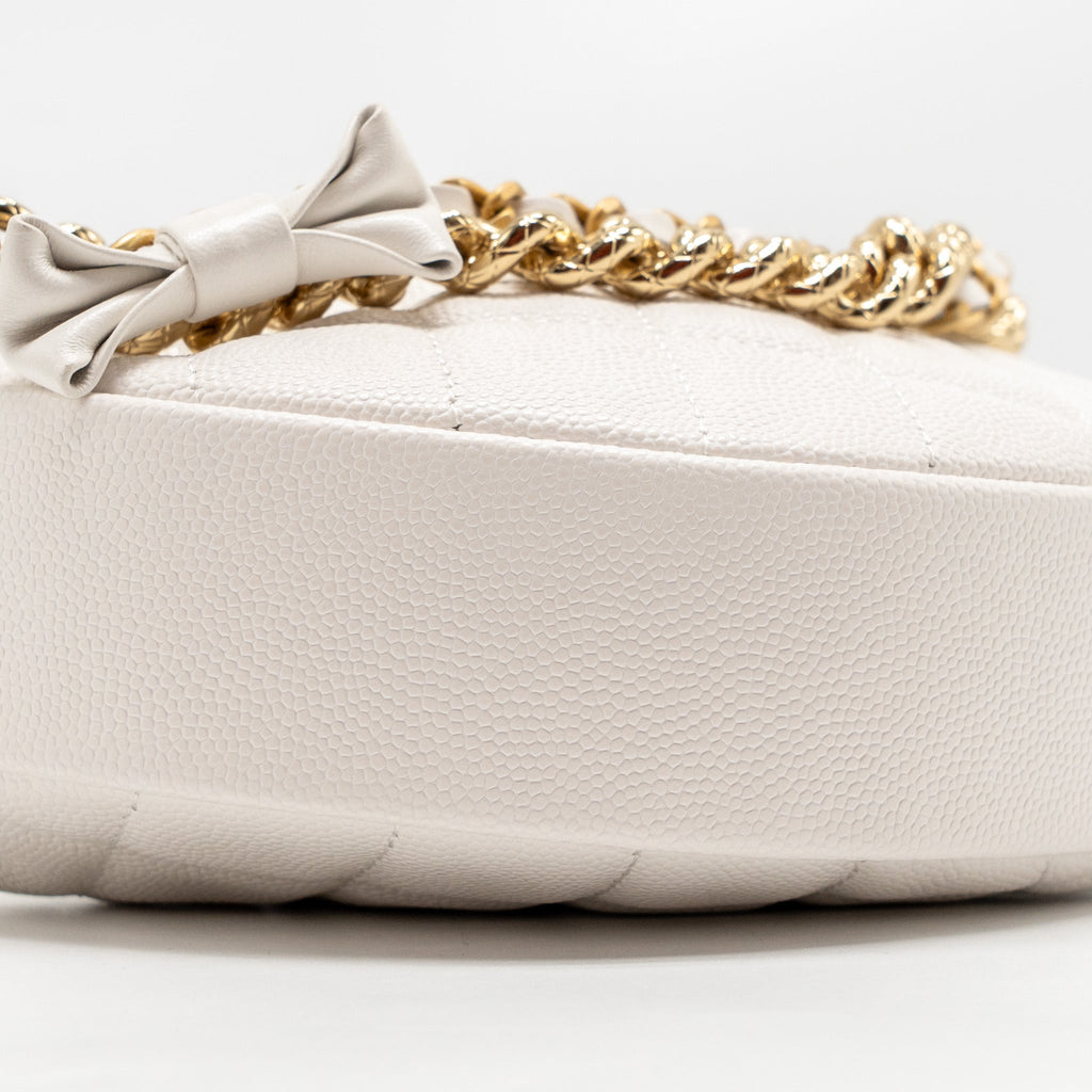 CHANEL 24S MINI ROUND BOW POUCH BAG WITH CHAIN CAVIAR WHITE GHW (MICROCHIP)