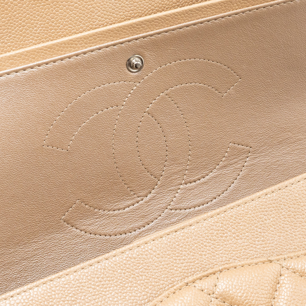 CHANEL CLASSIC JUMBO DOUBLE FLAP BAG CAVIAR IRIDESCENT BEIGE BRUSHED SHW
