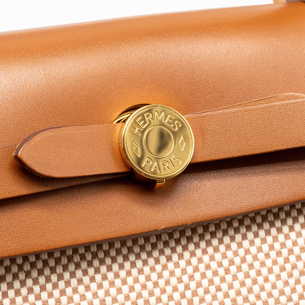 HERMES HERBAG 31 ZIP BAG CANVAS/HUNTER LEATHER ECRU-BEIGE/FAUV GHW